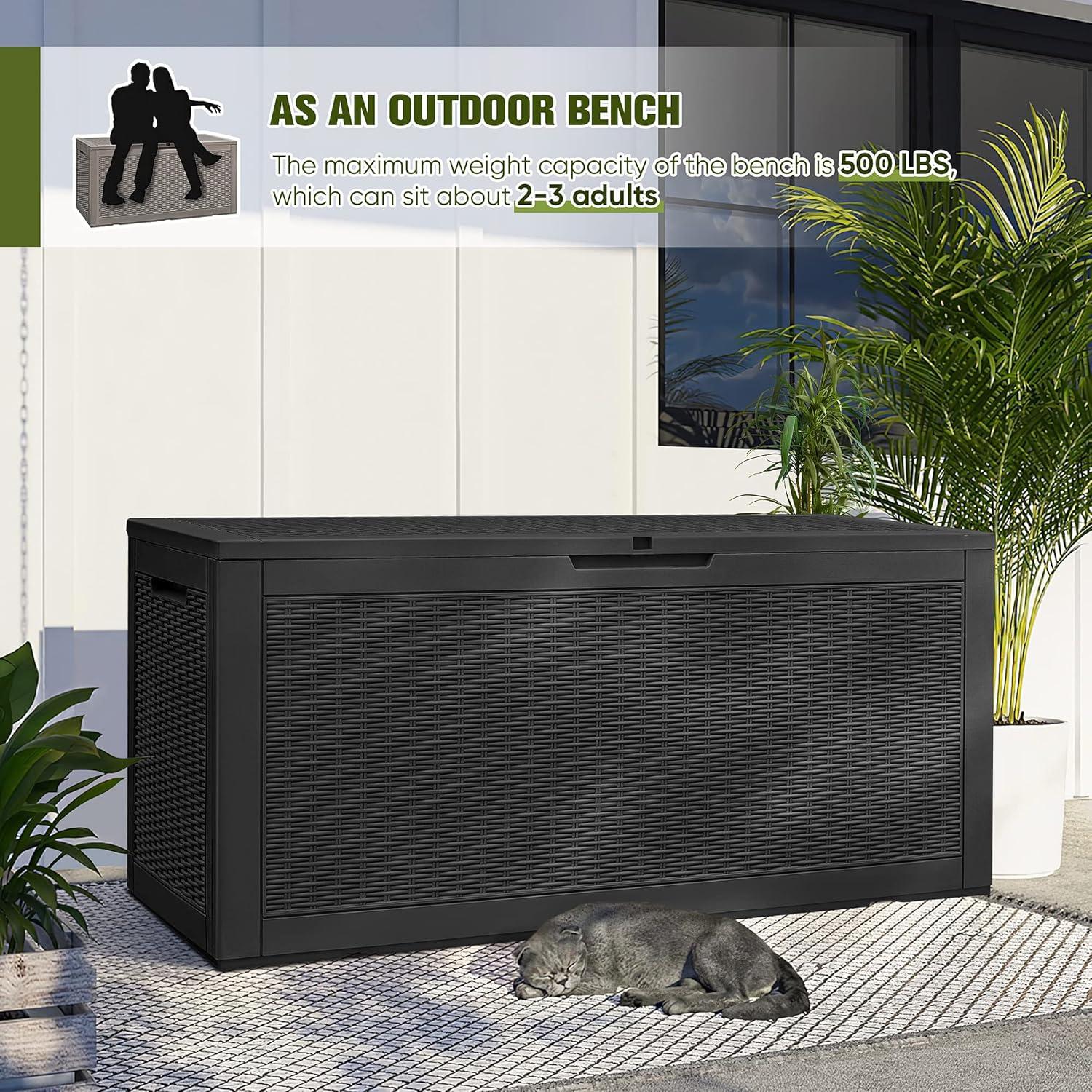 GUNJI 100 Gallon Outdoor Storage Box Waterproof Large Resin Deck Box Patio Storage Bench Lockable Storage Container for Outdoor Cushions, Pool Supplies and Garden Tools (Black)