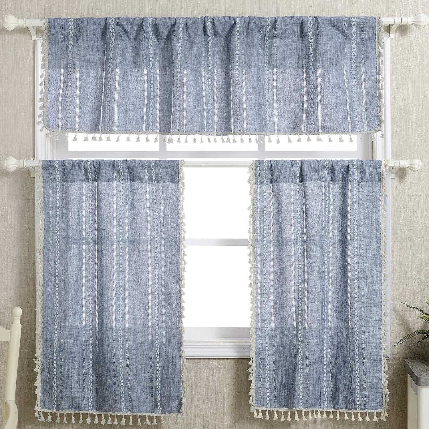 Blue Cotton Polyester Boho Tassel Rod Pocket Valance