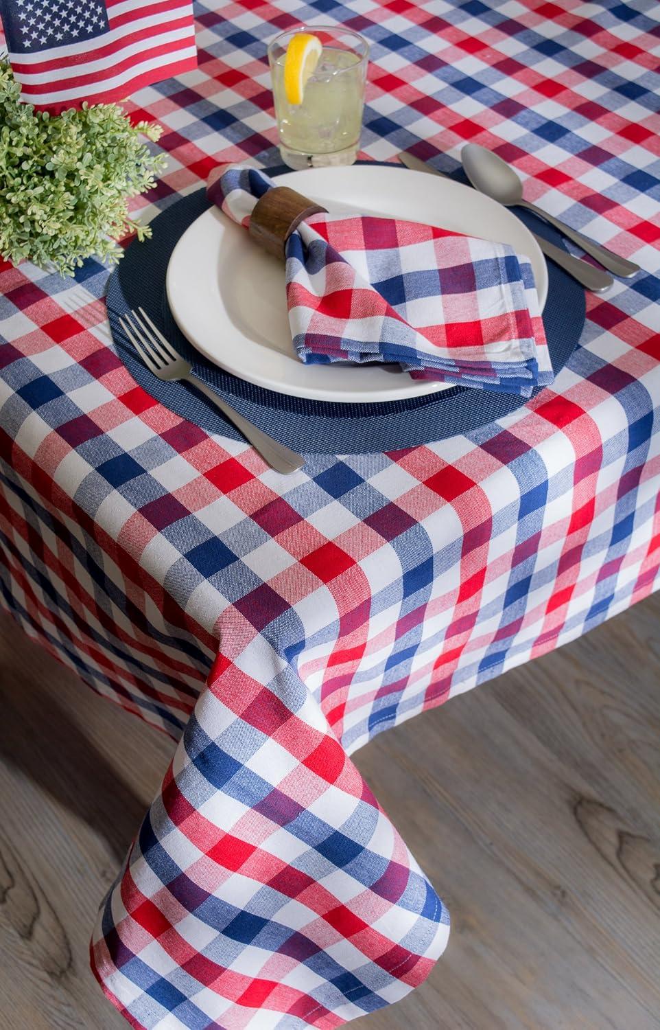 Red, White, and Blue Check Rectangular Cotton Tablecloth