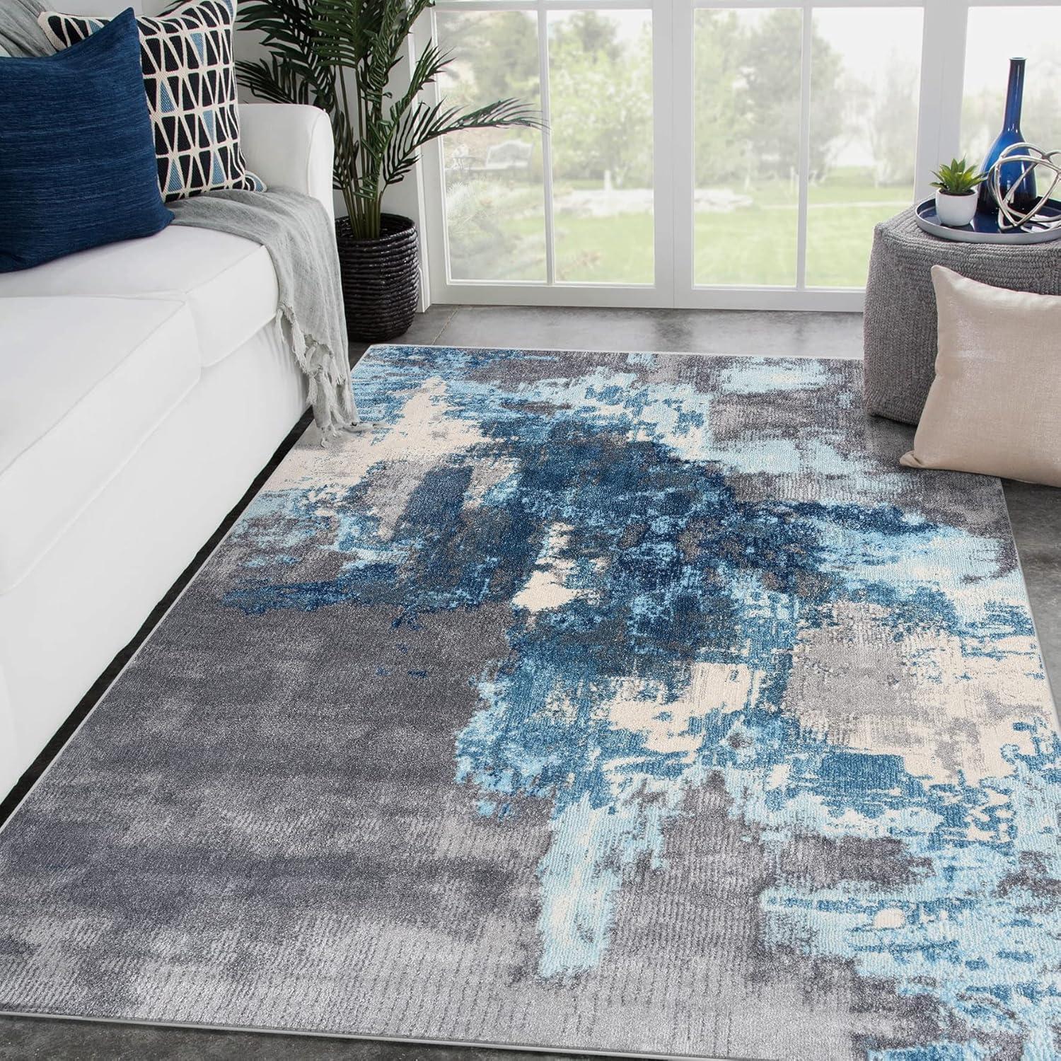 Gray and Blue Abstract Synthetic Area Rug 4x5