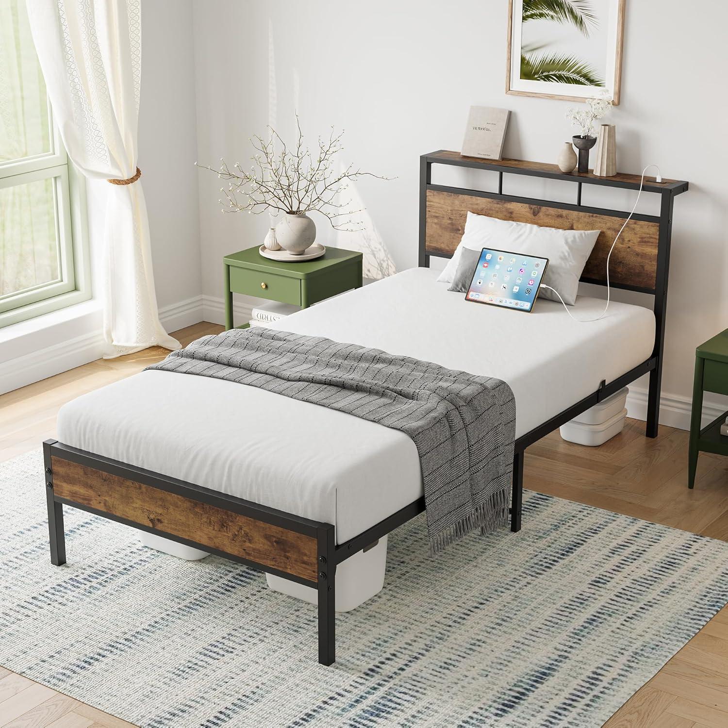 LegaHome Full Bed Frame, Metal Platform Bed with Storage Headboard and Charging Station, Strong Slat Support, Full Size Bed Frame for Kids Teens Adults, No Box Spring Needed, Black