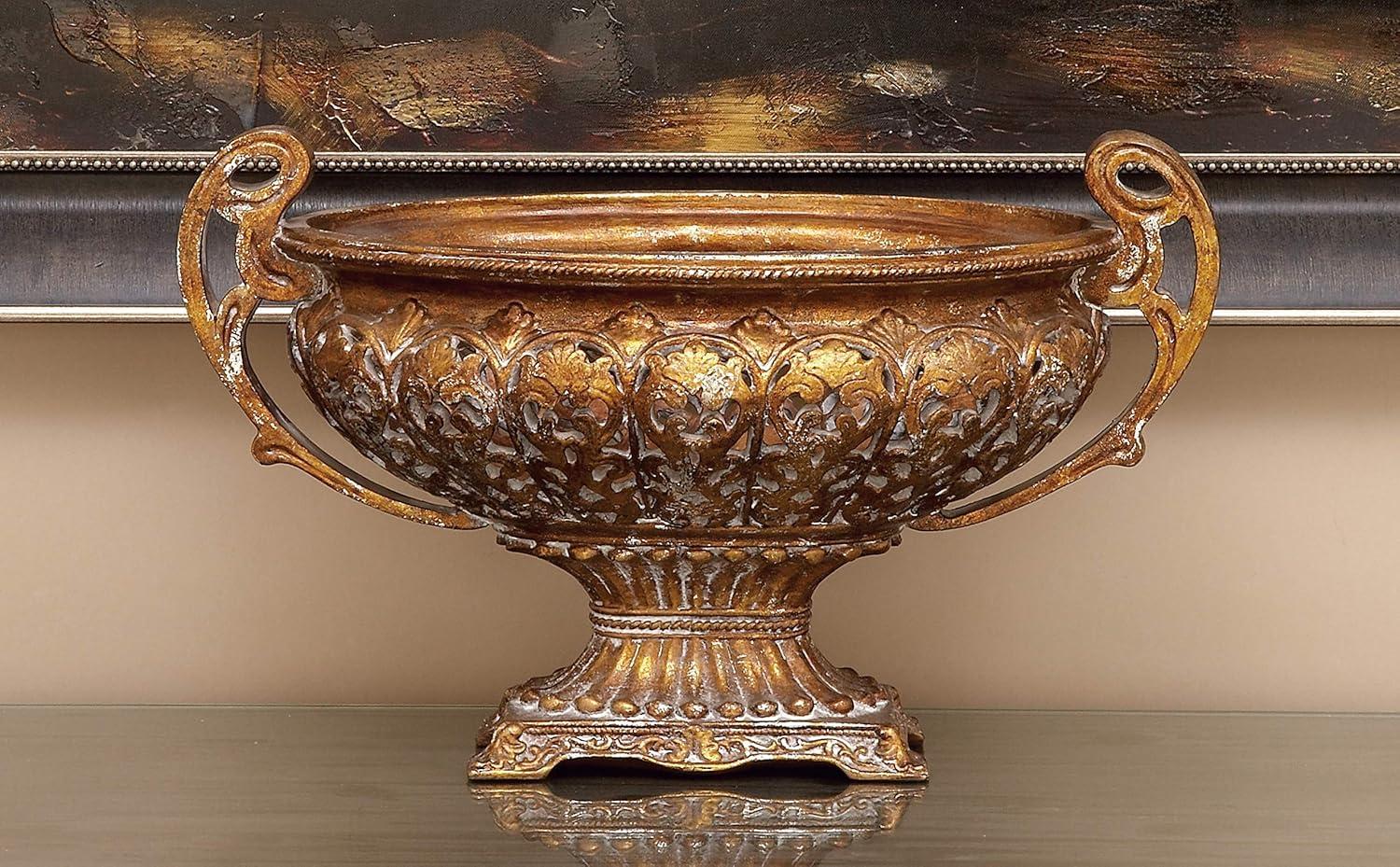 DecMode 10" Round Ornate Gold Polystone Decorative Bowl with Handles