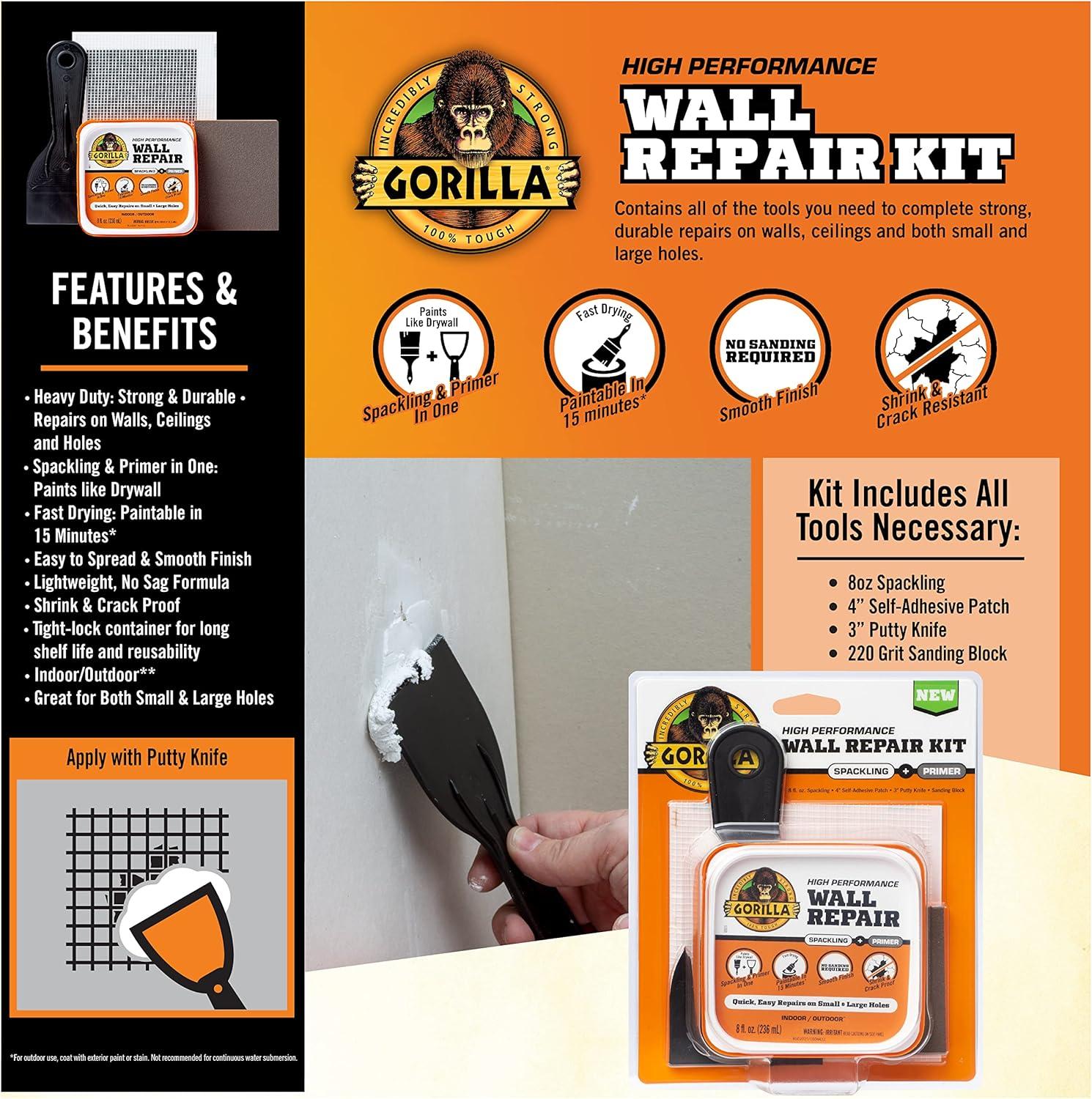 Gorilla Glue Wall Repair Kit. 4oz Spackling & Patch, 3" Putty Knife and 220 Grit Sanding Block Color