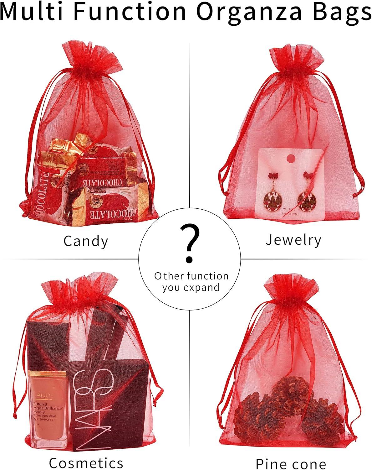 100PCS 4x6inch (10x15cm) Drawstring Organza Jewelry Favor Pouches Wedding Party Festival Gift Bags Candy Bags (Red)