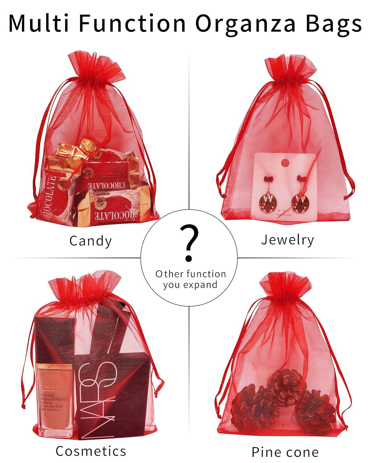 100PCS 4x6inch (10x15cm) Drawstring Organza Jewelry Favor Pouches Wedding Party Festival Gift Bags Candy Bags (Red)