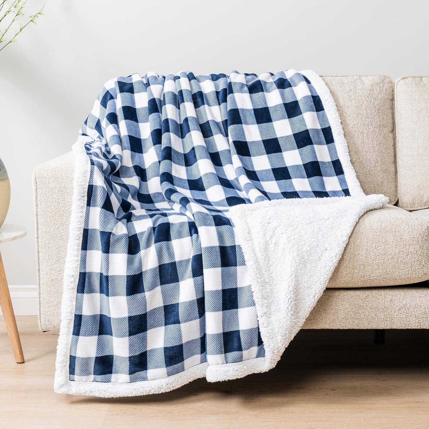 PAVILIA Buffalo Plaid Sherpa Blanket Throw | Fuzzy White Navy Blue Checkered Flannel Fleece Blanket for Couch Bed | Fluffy Warm Soft Plush Microfiber Blanket | 50x60