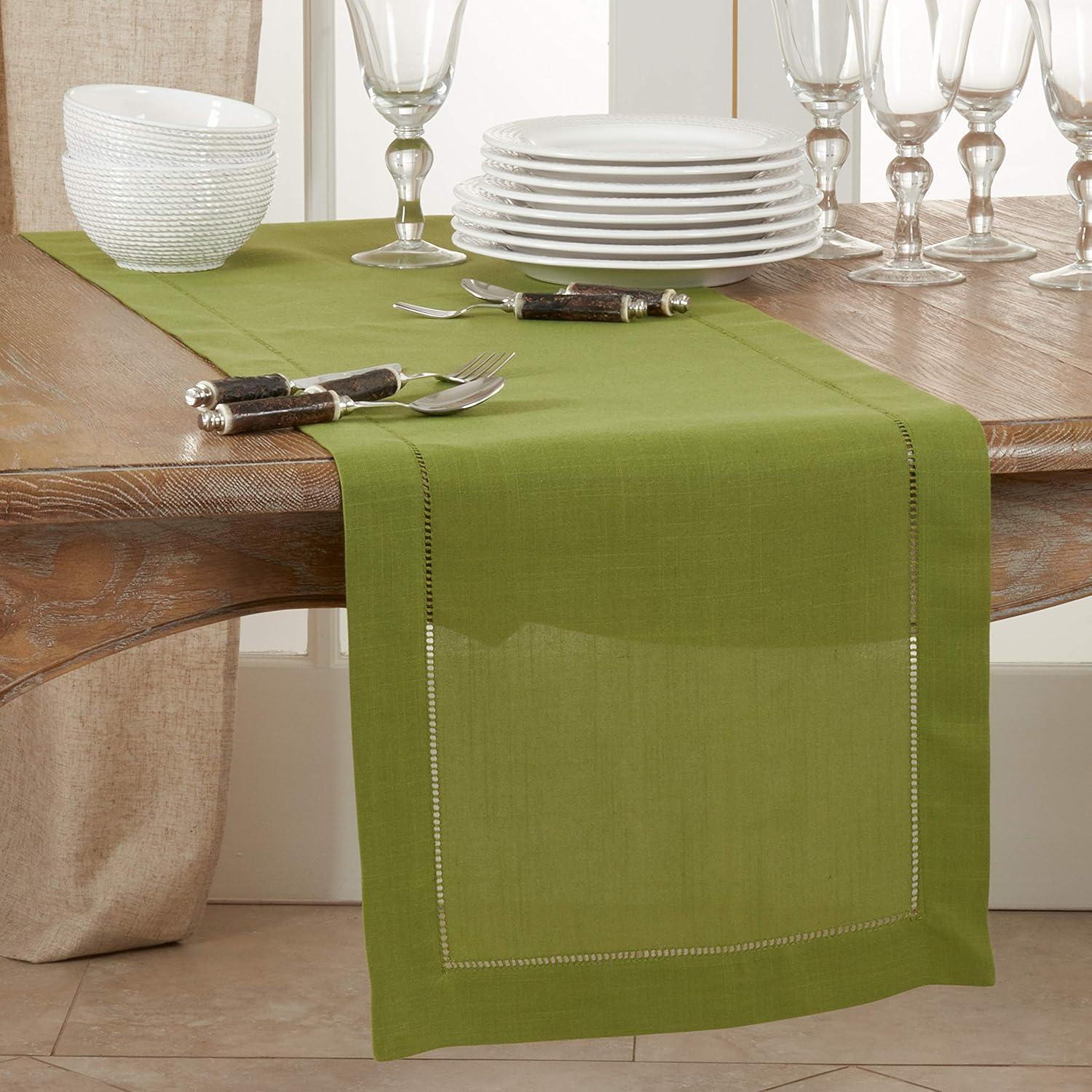 Green Polyester Hemstitched Border Table Runner