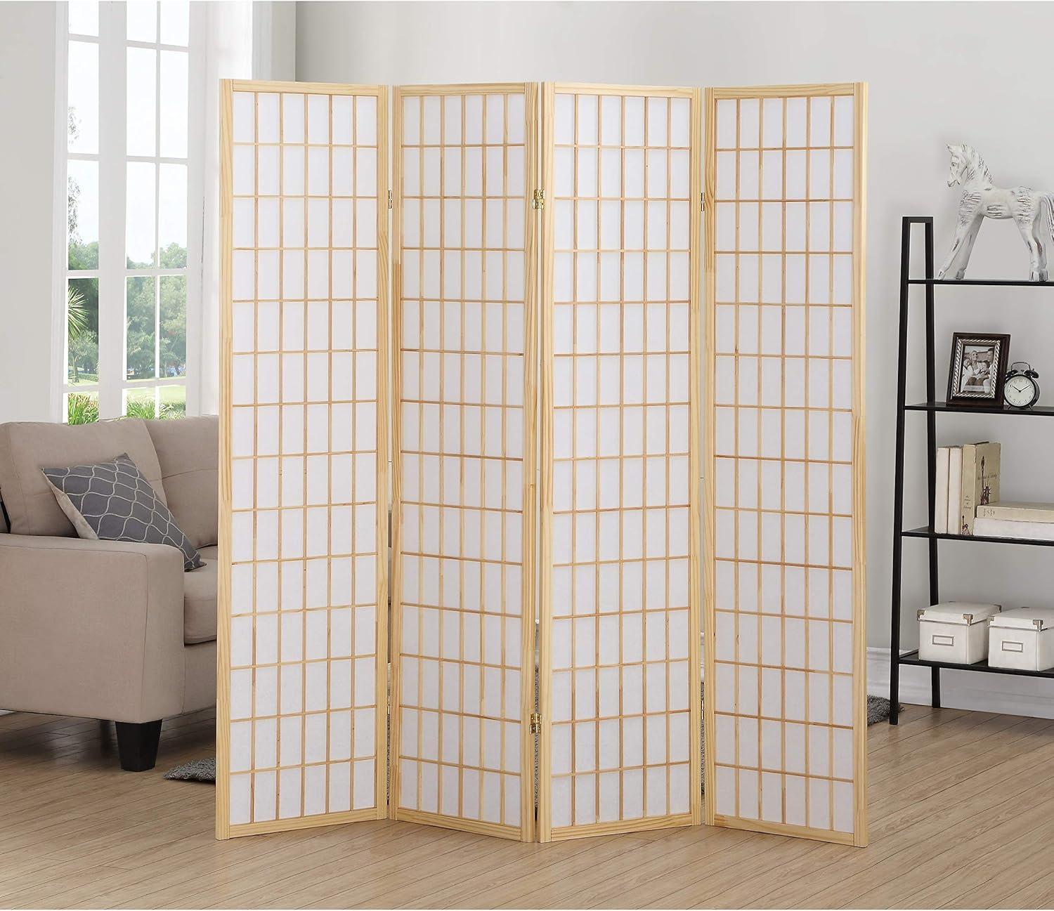 Natural Wood and Rice Paper 4-Panel Shoji Screen Room Divider