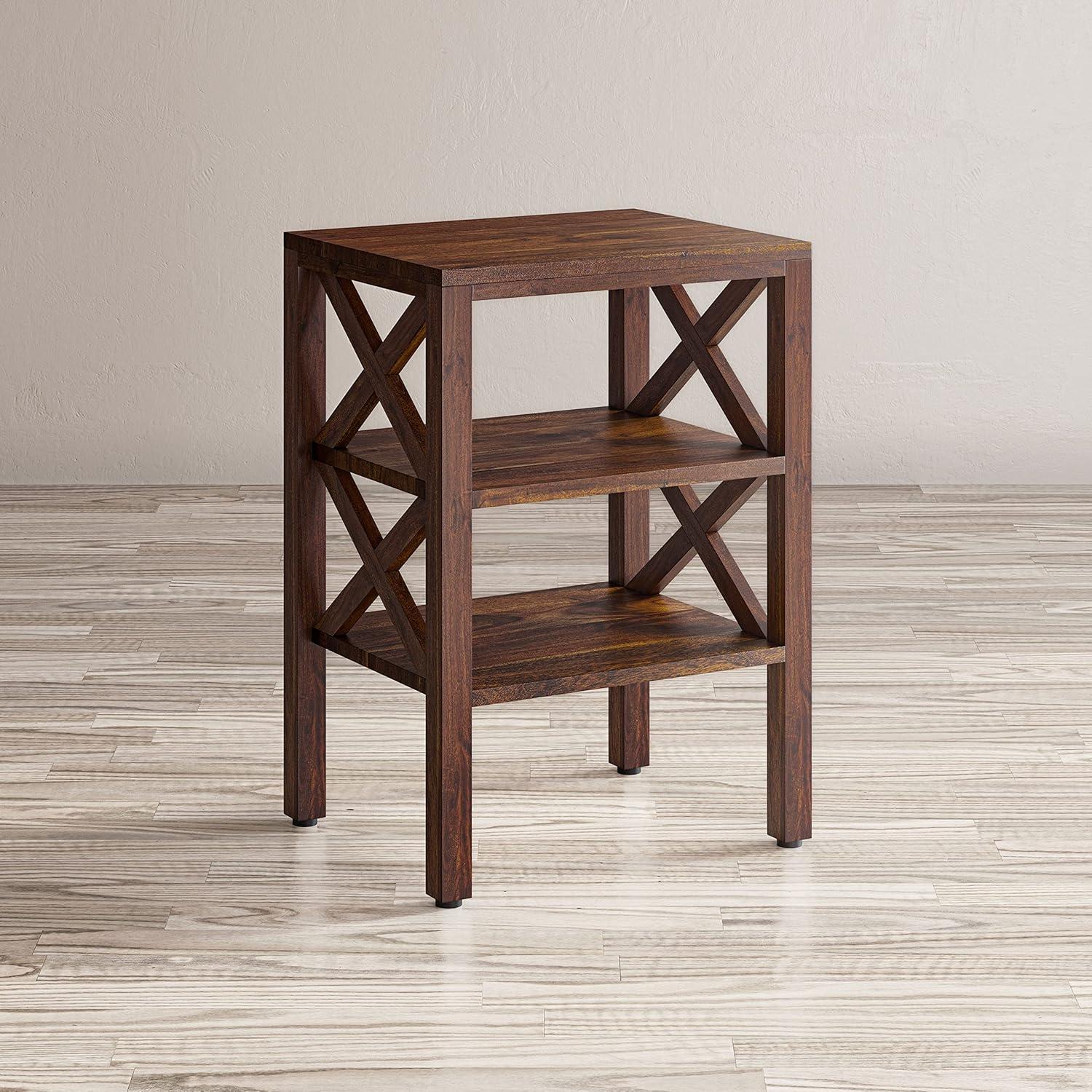 Jofran, Global Archive Solid Wood Rustic Modern X-Side Accent Table with Two Shelves, Red