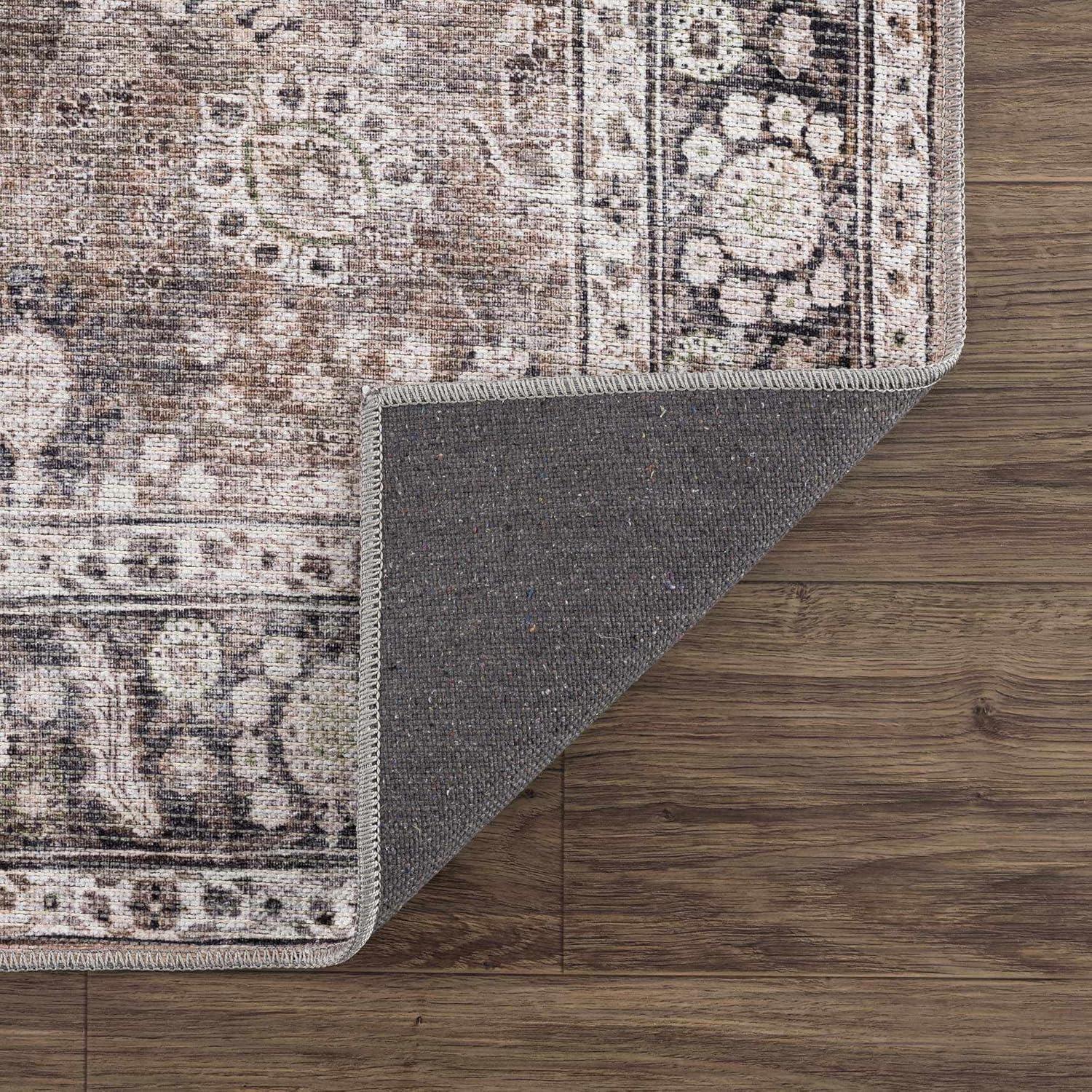 Hauteloom Ganyangan Machine Washable Living Room Kitchen Bedroom Area Rug - Vintage Distressed - Oriental Floral Pattern - Bordered - Brown, Beige, Cream - 5'3" x 7'3"