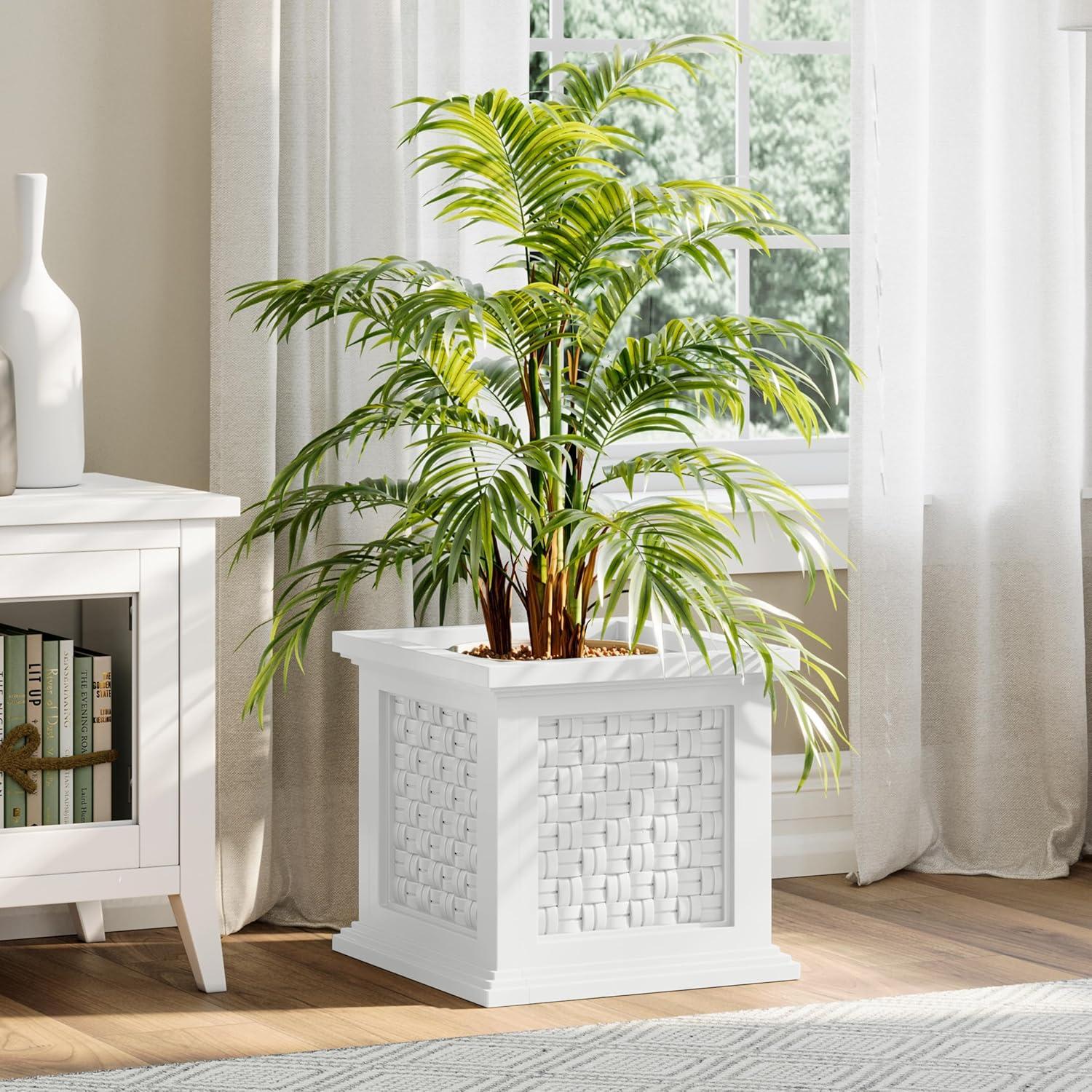 Pure Garden Outdoor Rattan Style Planter Box - 14.65-Inch Plant Pot, White