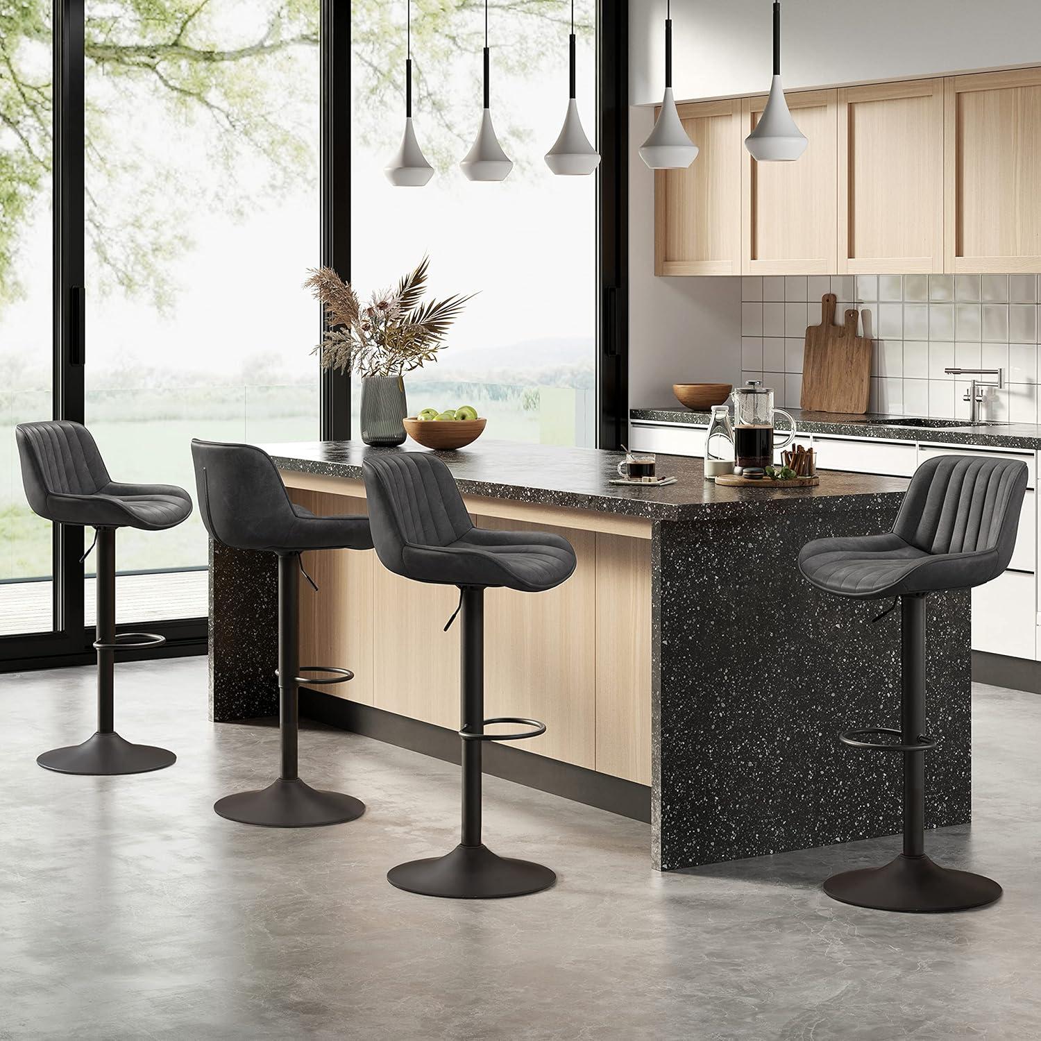 Art Leon Rustic Bar Stools Set of 2, Faux Leather with Backrest Chrome Legs, Upholstered Swivel Kitchen Stools, Gray