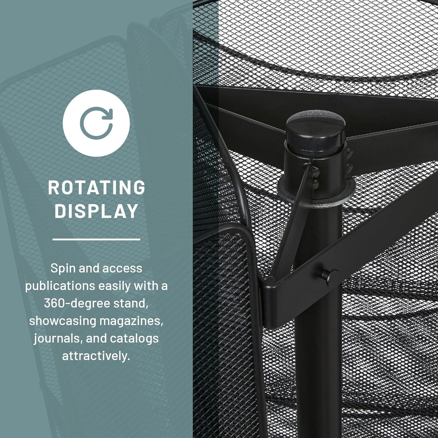 Black Powder-Coated Steel Mesh Rotating Magazine Stand with 30 Compartments