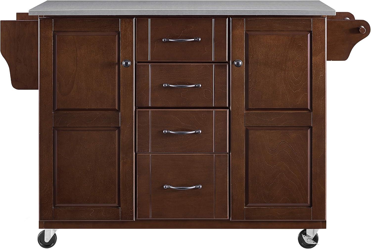 Eleanor Stainless Steel Top Kitchen Cart Mahogany/Stainless Steel - Crosley: 2 Cabinets, Spice Rack, 4 Drawers