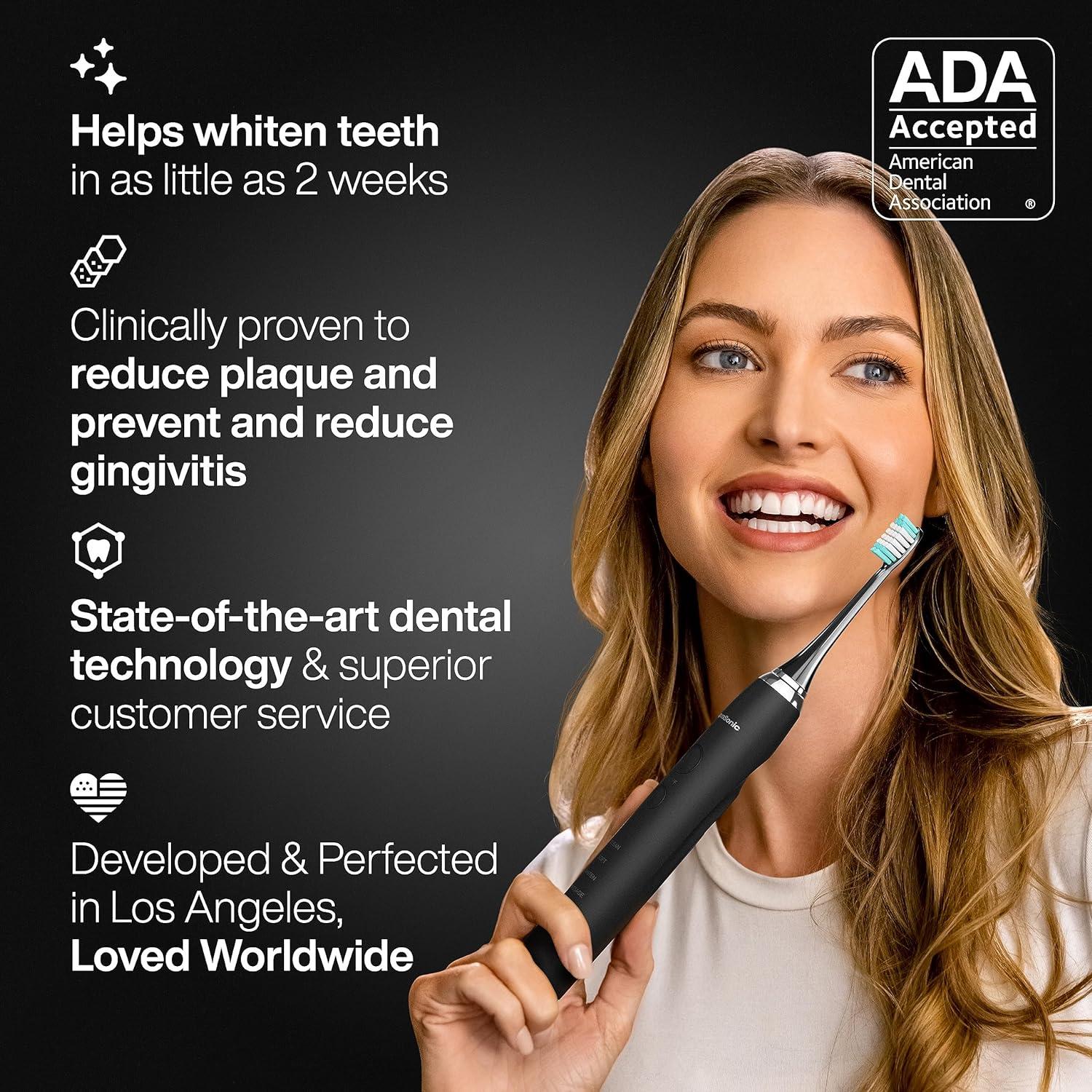 AquaSonic Black Series Electric Toothbrush - Rechargeable, 4 Modes, Travel Case, 8 Brush Heads