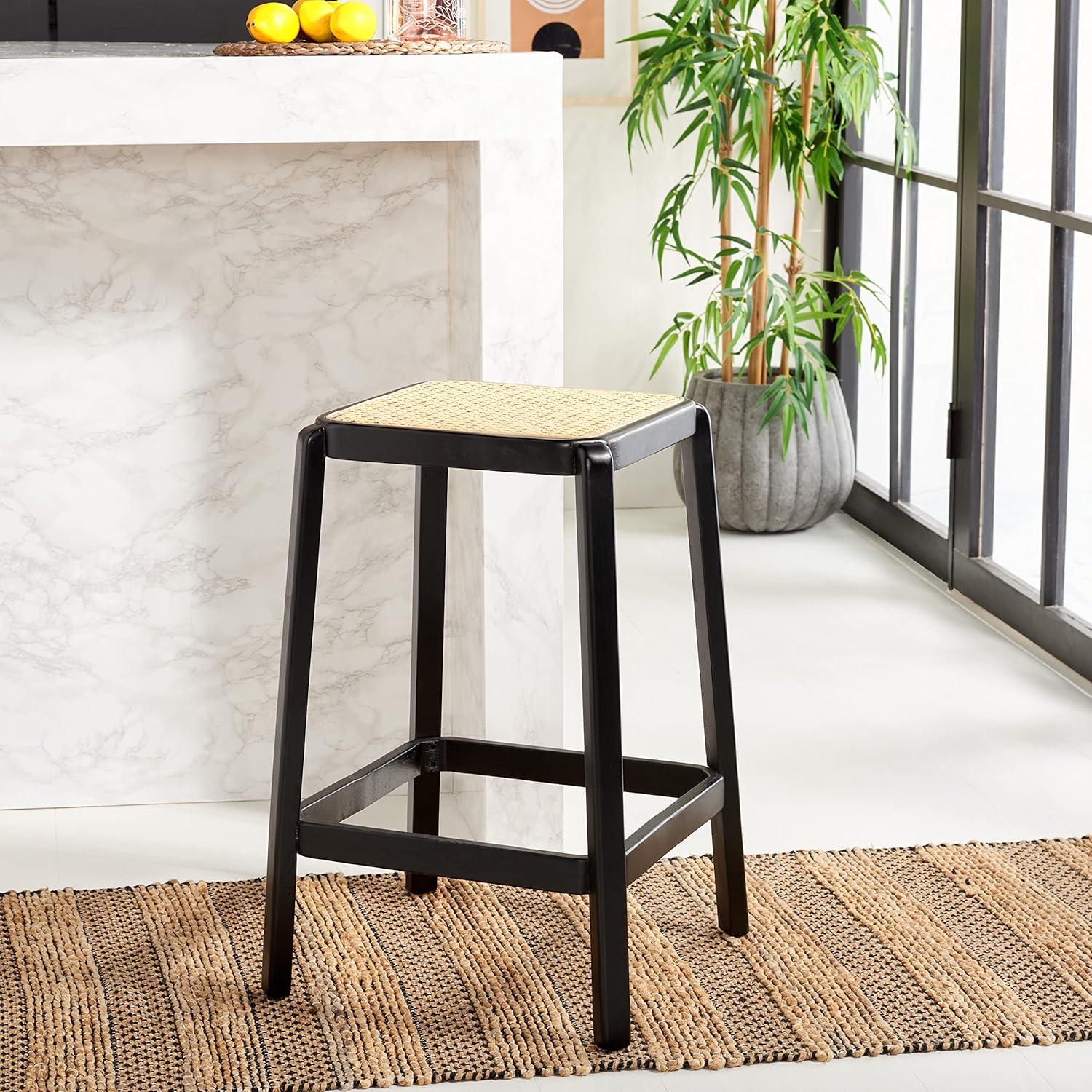 Silus Backless Cane Counter Stool - Black/Natural - Safavieh