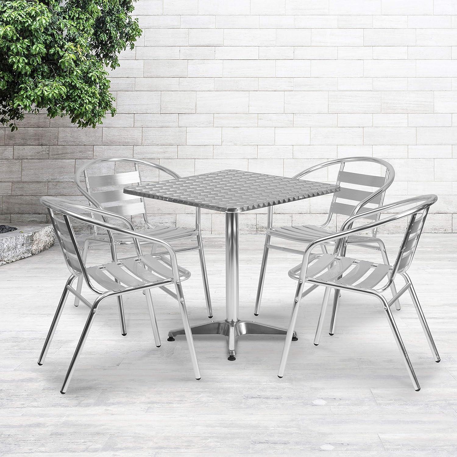 Flash Furniture Aluminum 5-Piece Patio Dining Set with Square Table and 4 Slat Back Chairs, Silver