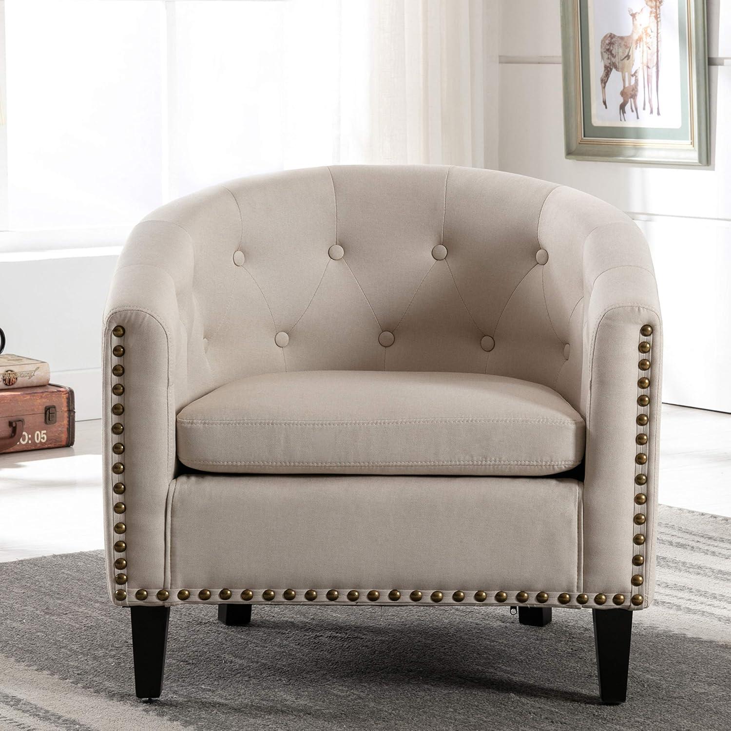 White Linen Tufted Barrel Chair with Wooden Legs