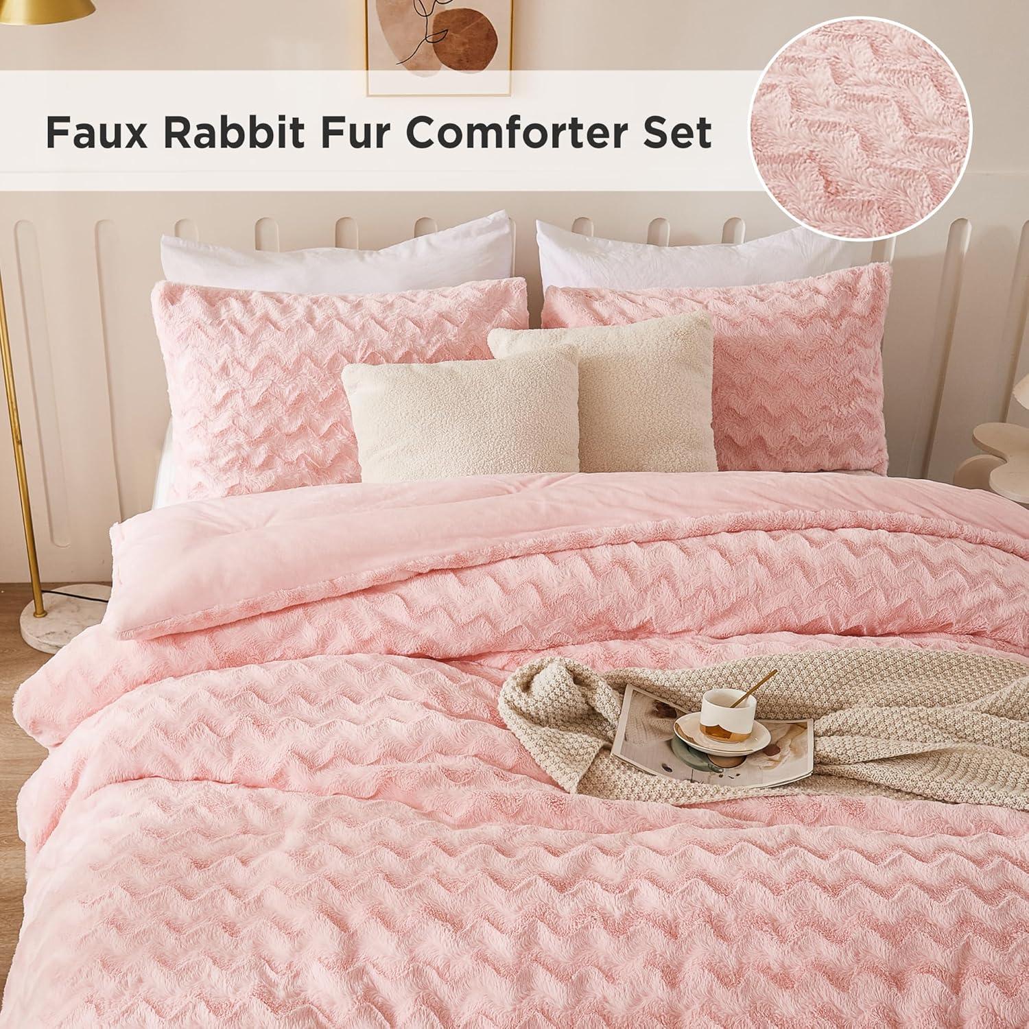 Andency Pink Faux Fur Comforter Set Full, 3 Pieces Fleece Fuzzy Shaggy Plush Sherpa Bedding Set for Women Girls, Fluffy Soft Warm Bed Set for Winter