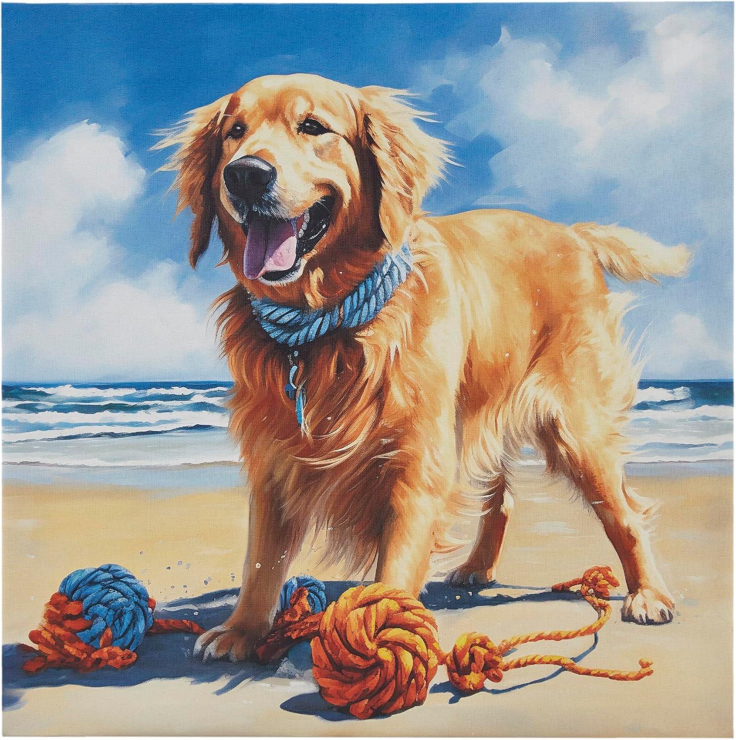 Madison Park 16"x16" Beach Playful Lively Dogs Print Canvas Wall Decor Art Golden Retriever Blue: Farmhouse Style