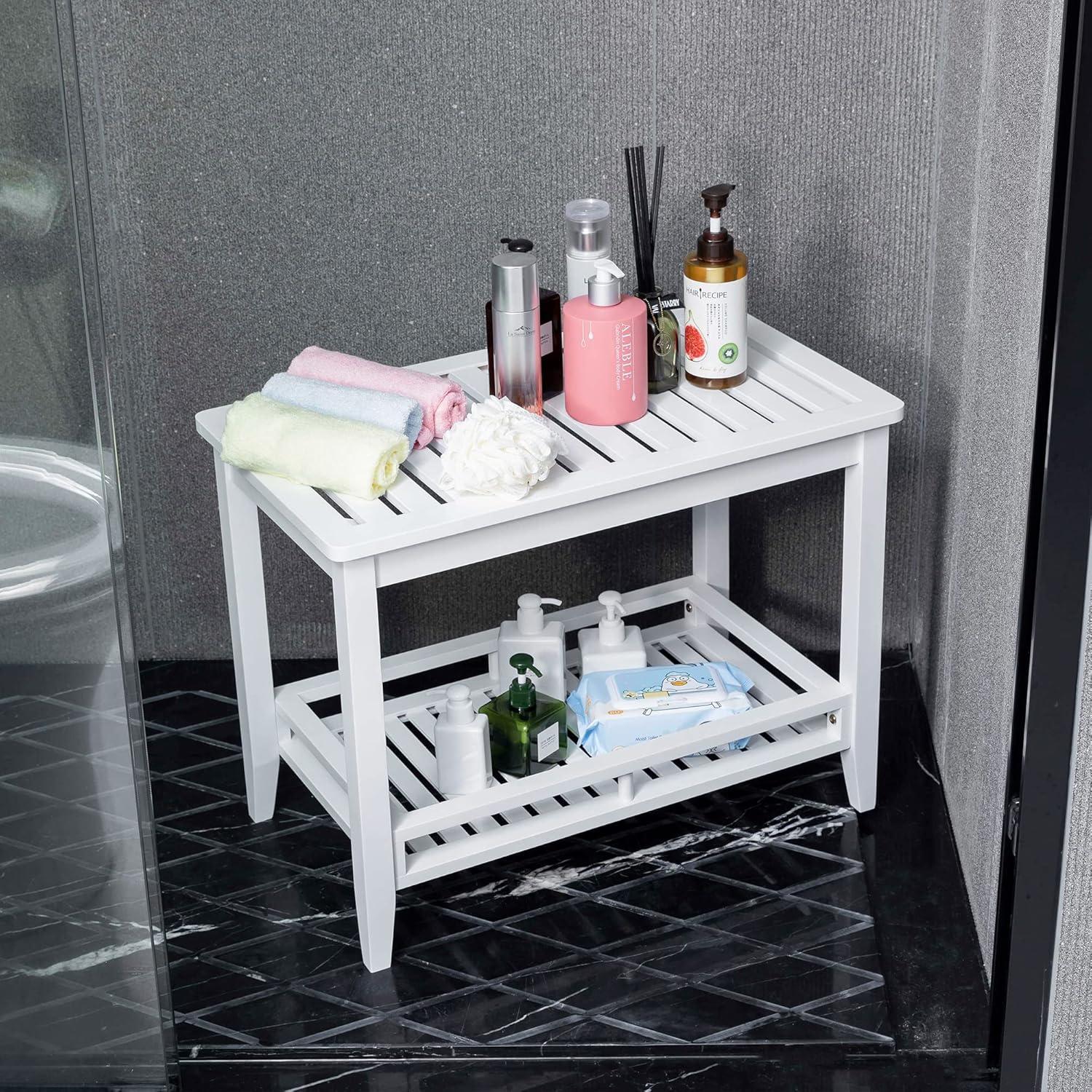 Zoopolyn Bamboo Shower Bench Seat with Storage Shelf Shower Stool Chair for Shaving Legs in Bathroom & Inside Shower Natural