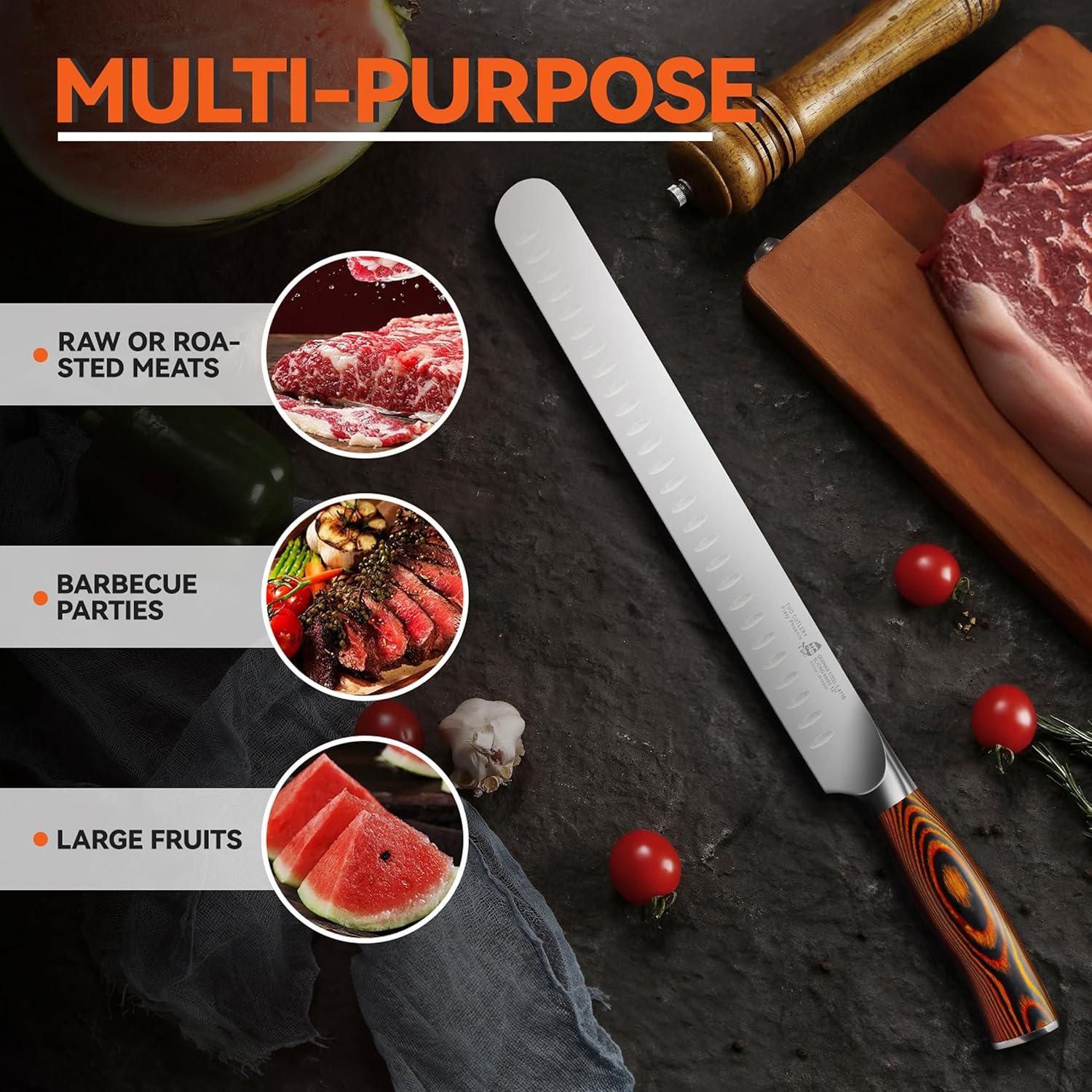 TUO Slicing Knife 12" Granton Carving Knives Hollow Ground Meat Cutting Knife-