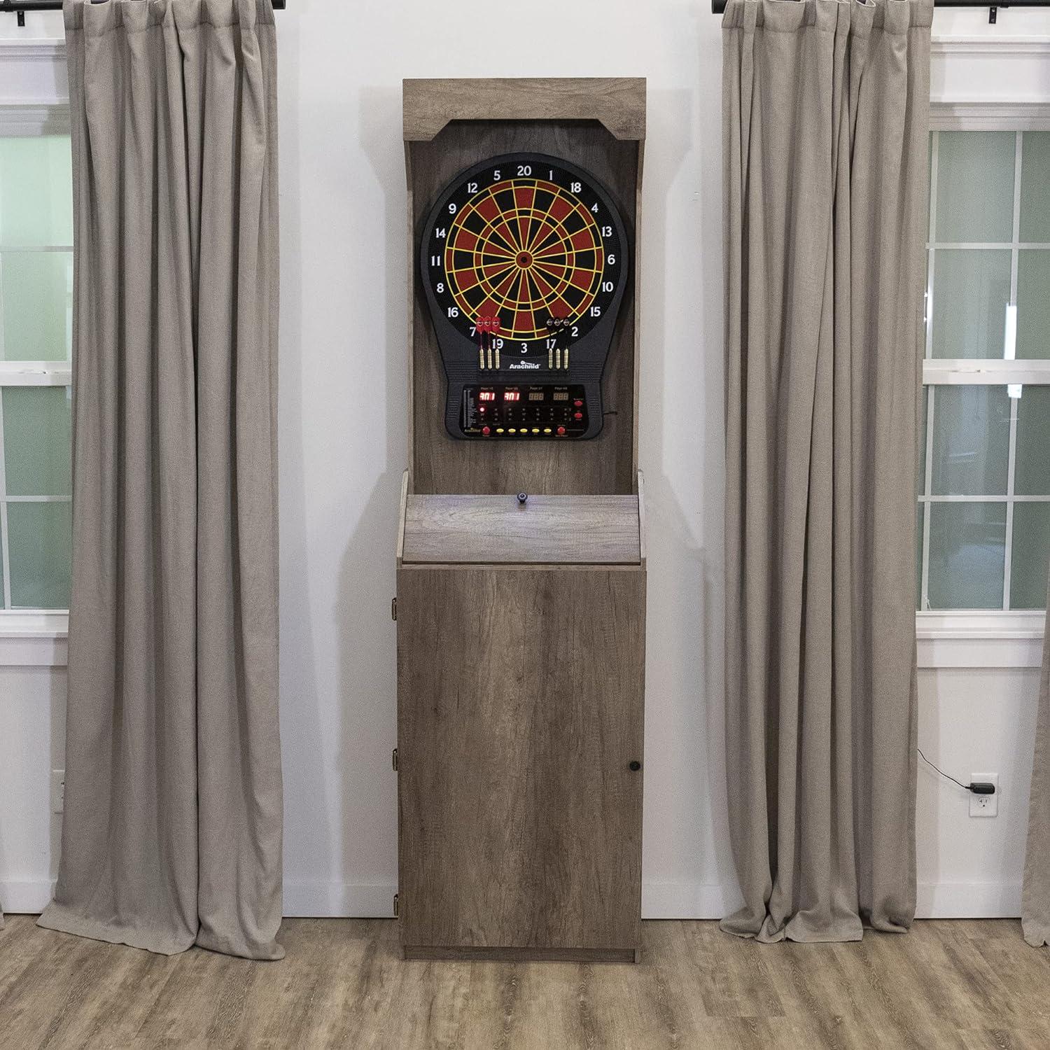 Rustic Tan Wood Grain Free Standing Dartboard Cabinet Set