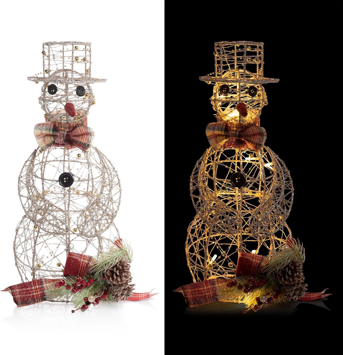 Gold Wire Snowman with Warm White LED Lights, 18 Inches