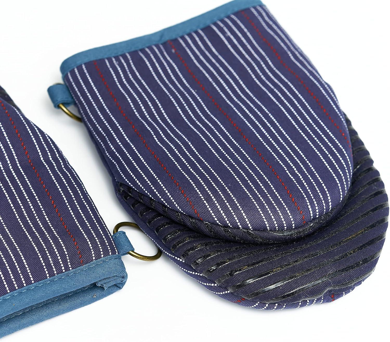 Navy Stripe Cotton Mini Oven Mitts with Silicone Palm