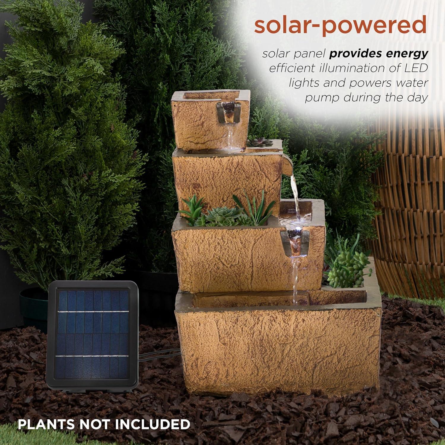 Rustic Brown Solar-Powered Tiered Fountain with LED Lights