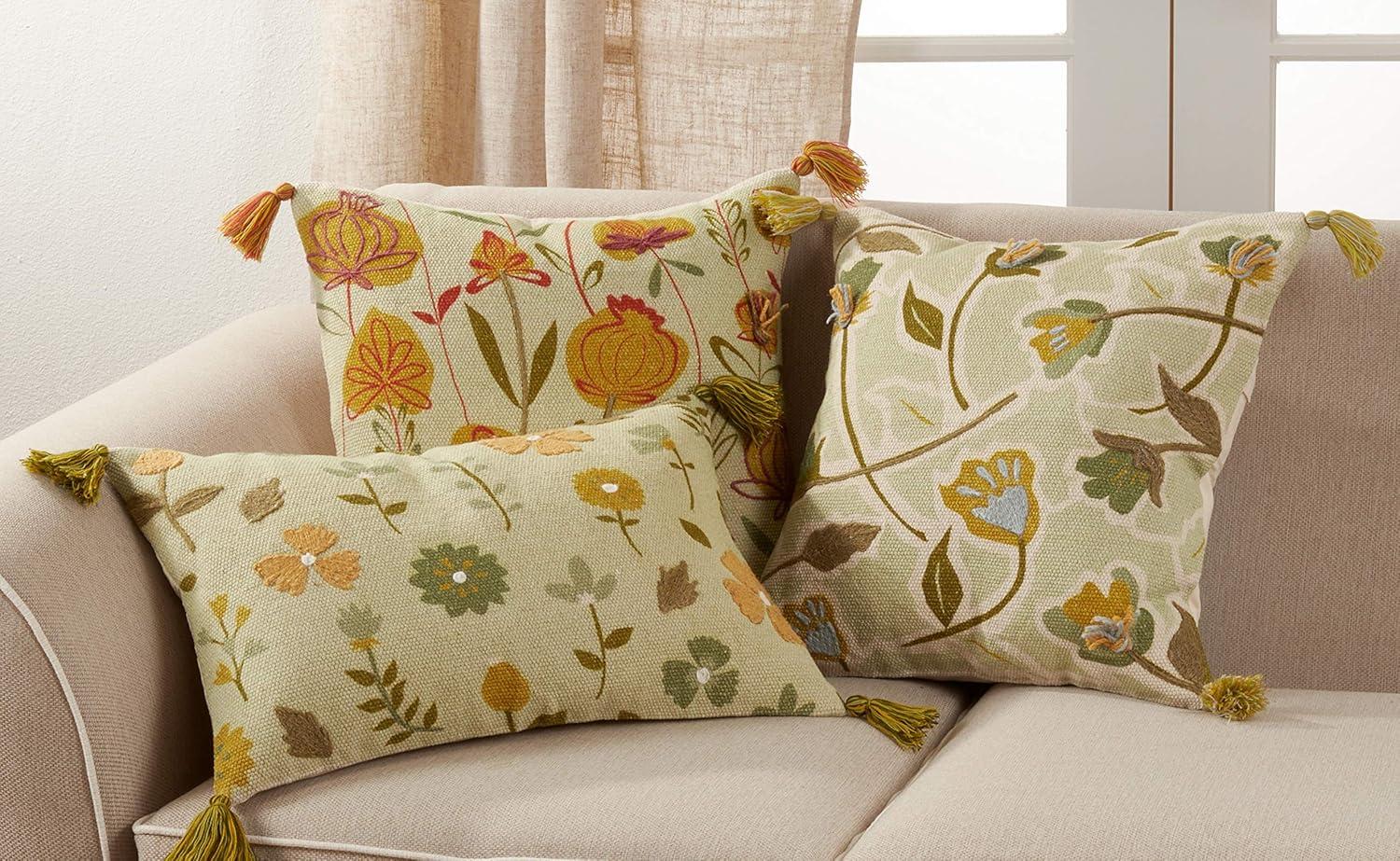 Green Cotton Embroidered Floral Throw Pillow Cover