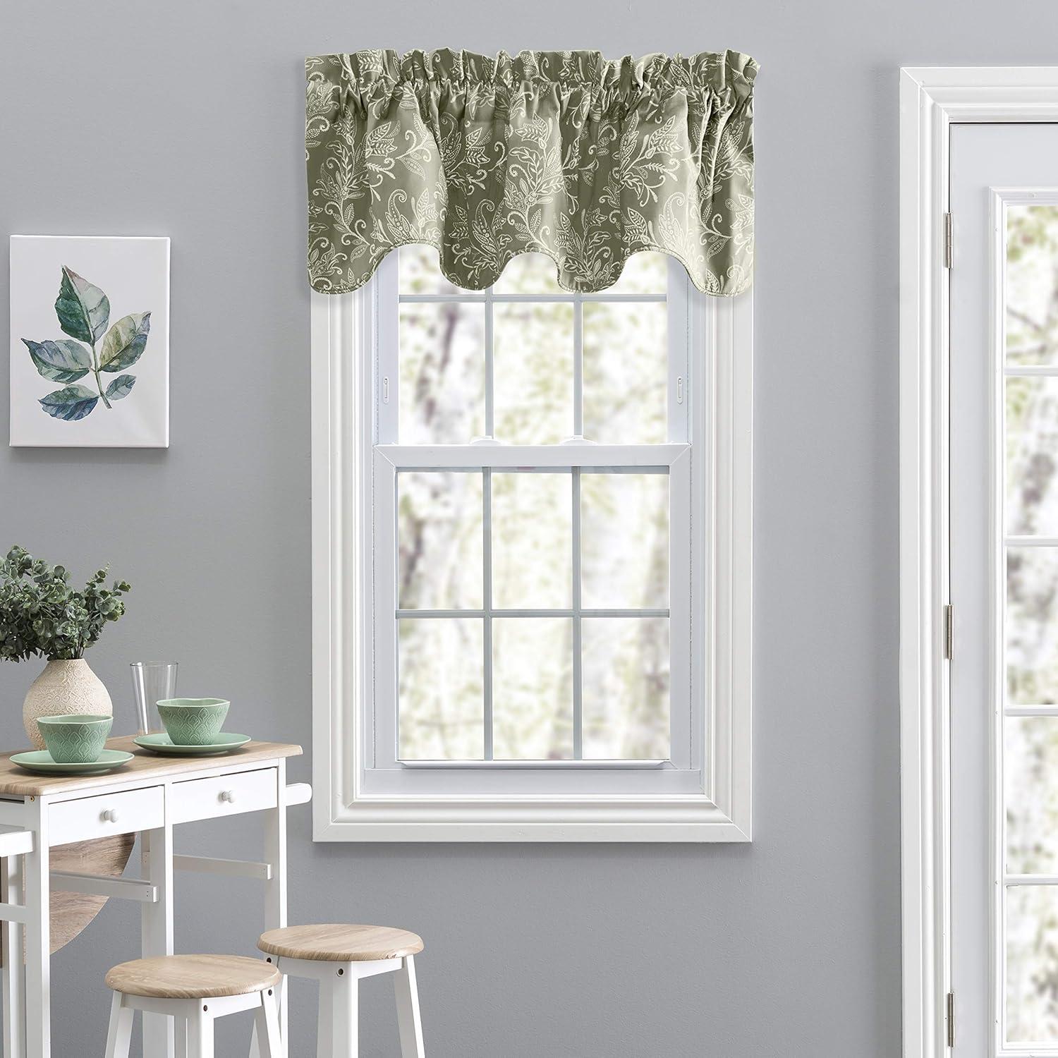 Ellis Curtain Lexington Leaf Pattern on Colored Ground Scallop Valance 58"x15" Sage