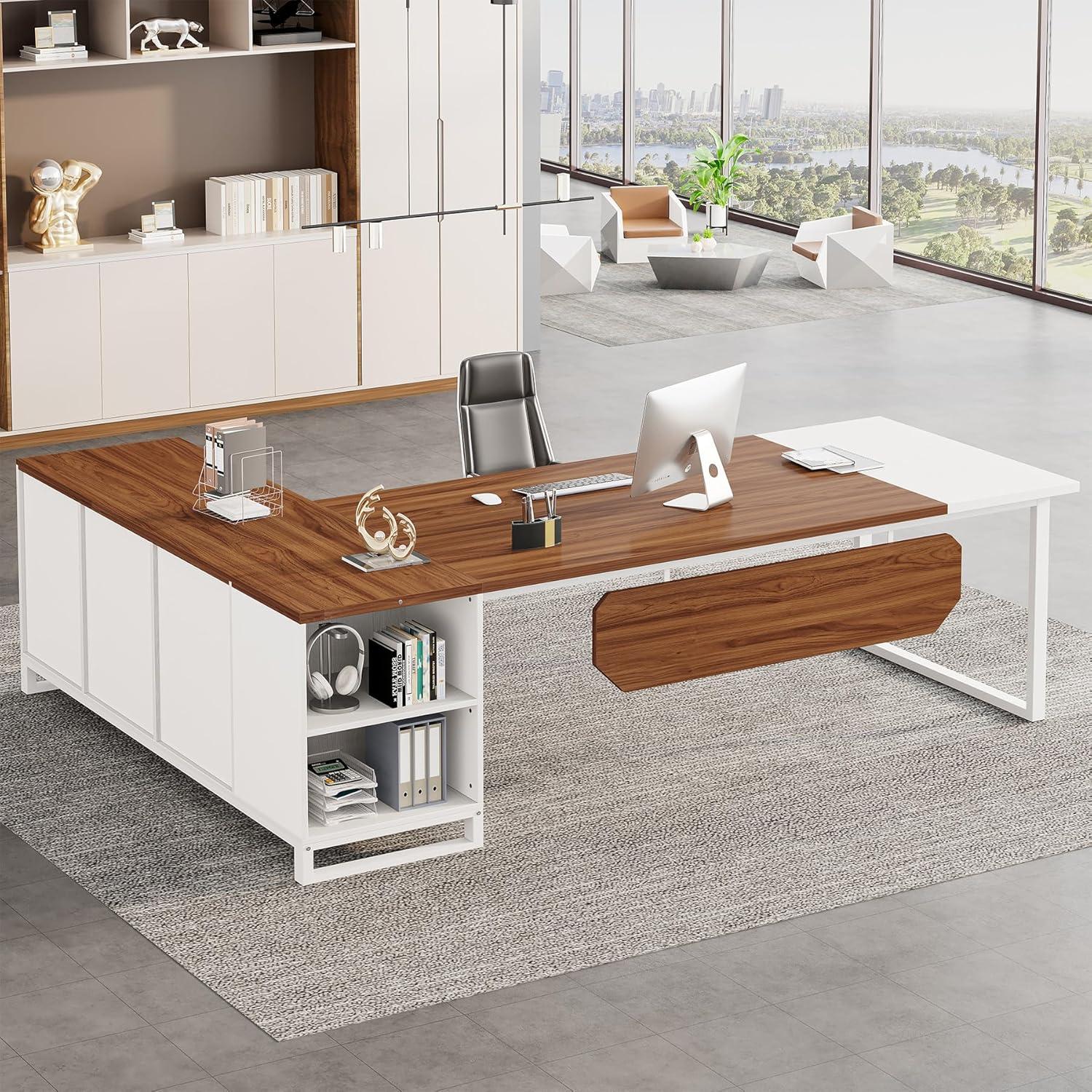 Tribesigns 70.8" L-Shaped Executive Desk with 55" File Cabinet, Large Home Office Computer Desk with Storage Shelves and Cabinet, Modern Business Furniture Set Home Office Workstation, Walnut White