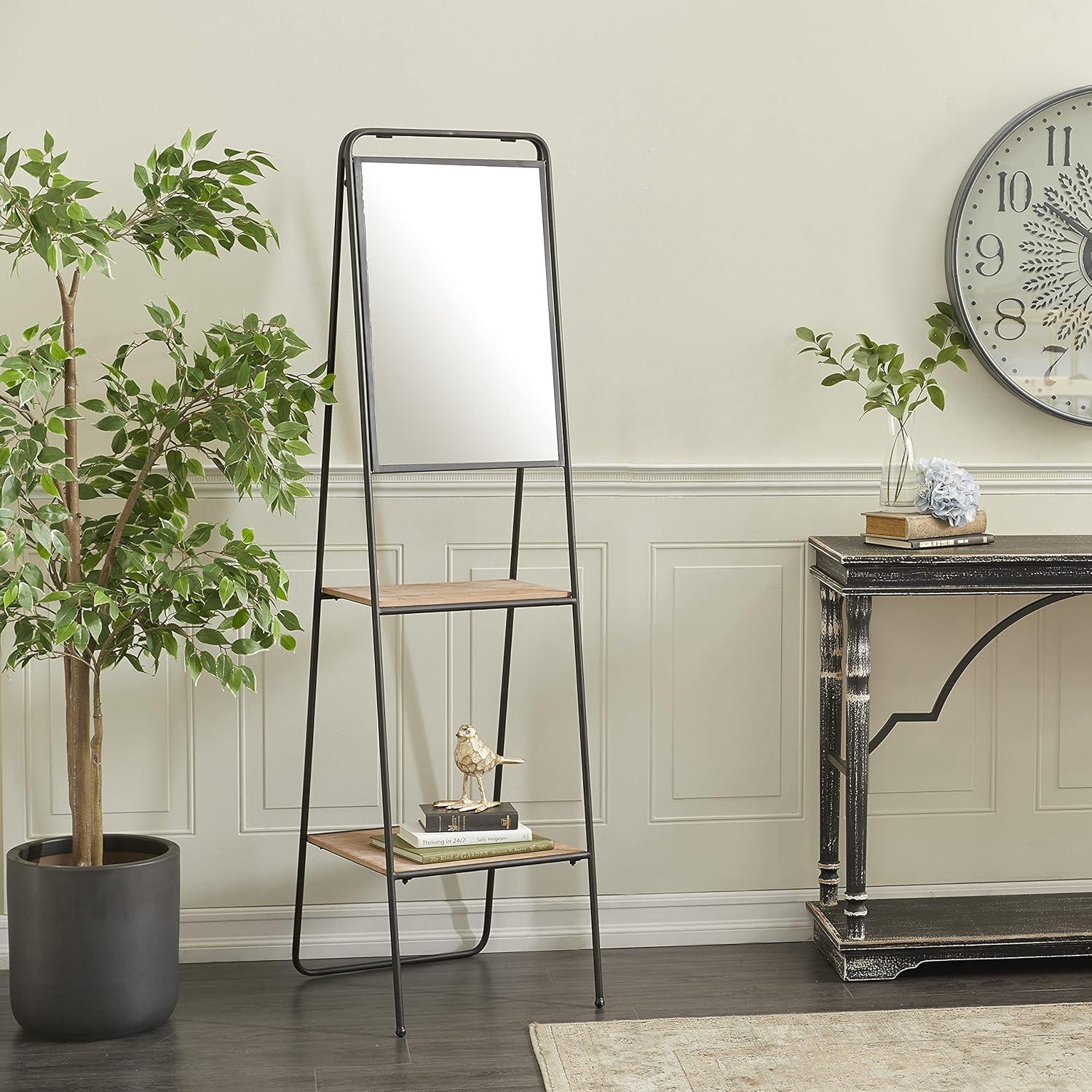 Elegant Brown Metal & Wood Corner Shelving Unit with Mirror