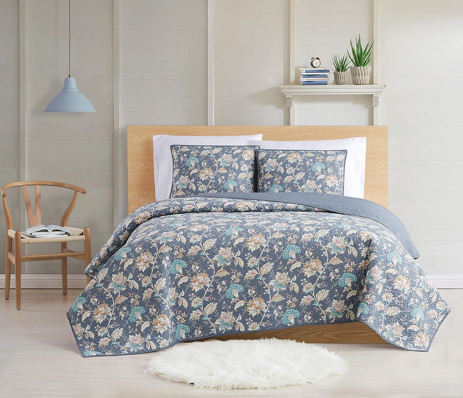 3pc King Florence Quilt Set Cream/Blue/Dark Gray - Cottage Classics: Cotton Reversible Coverlet with Shams
