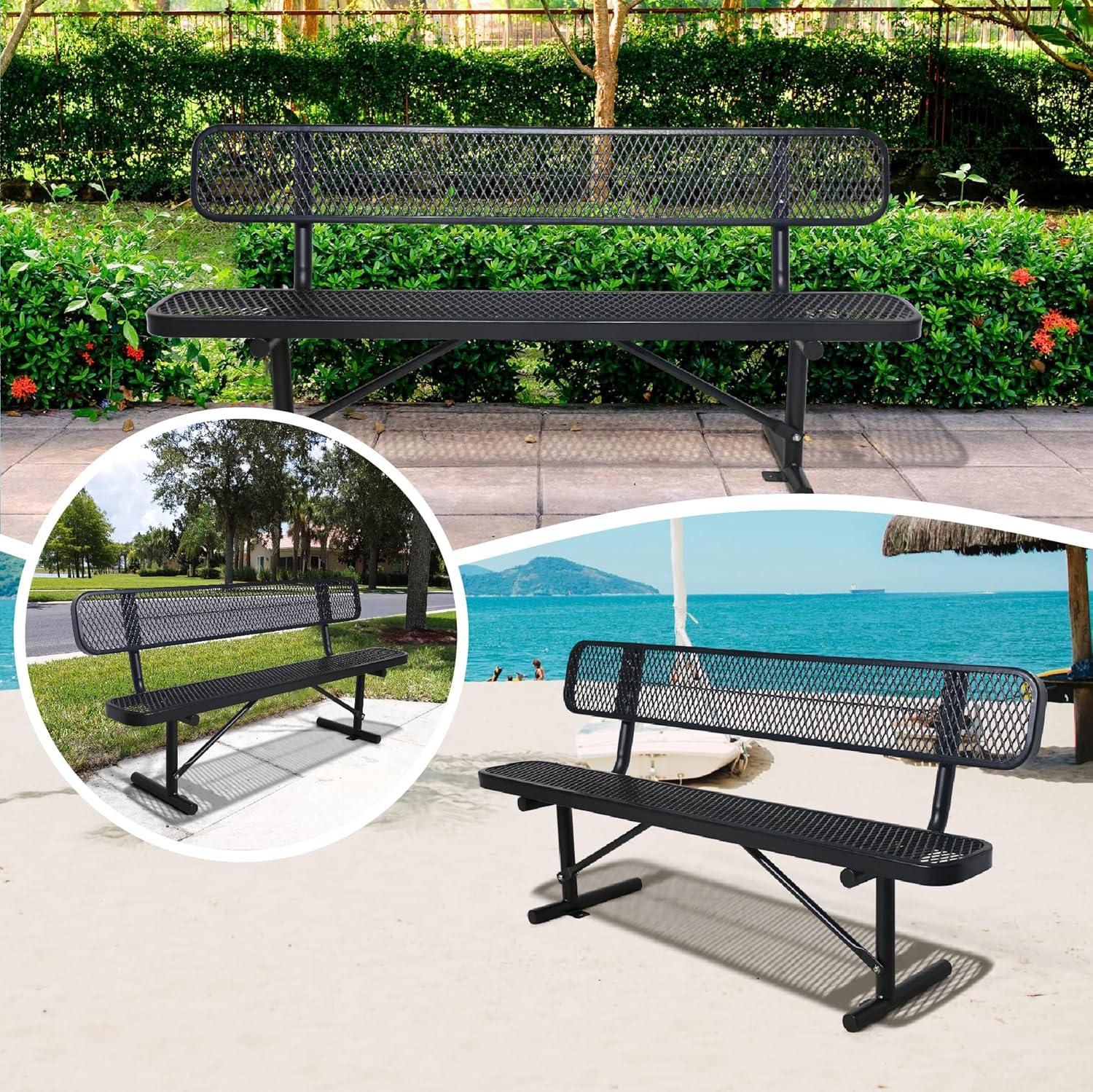 72'' Black Steel Outdoor Bench with Mesh Backrest