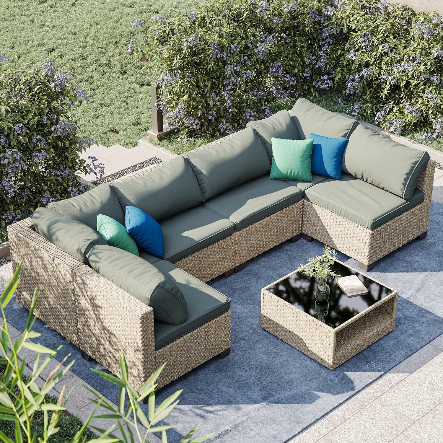 Aug-guan 7-Piece Patio Furniture Set, All-Weather Boho Outdoor Conversation Set Sectional Sofa with Water Resistant Grey Thick Cushions and Storage Table for Yard,Lawn,Grey