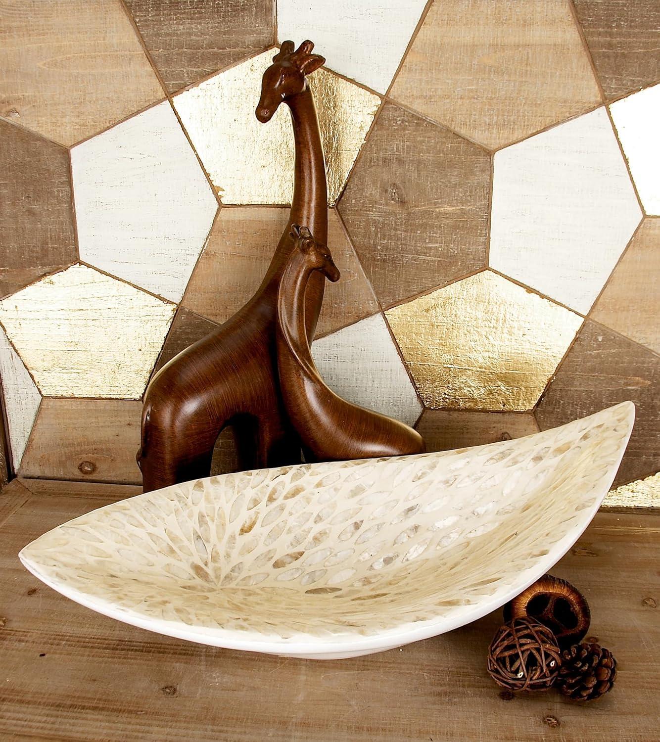 Olivia & May Decorative Bowl Beige Stone and White: Oval Resin Centerpiece, Tabletop Accent, Not for Food Use