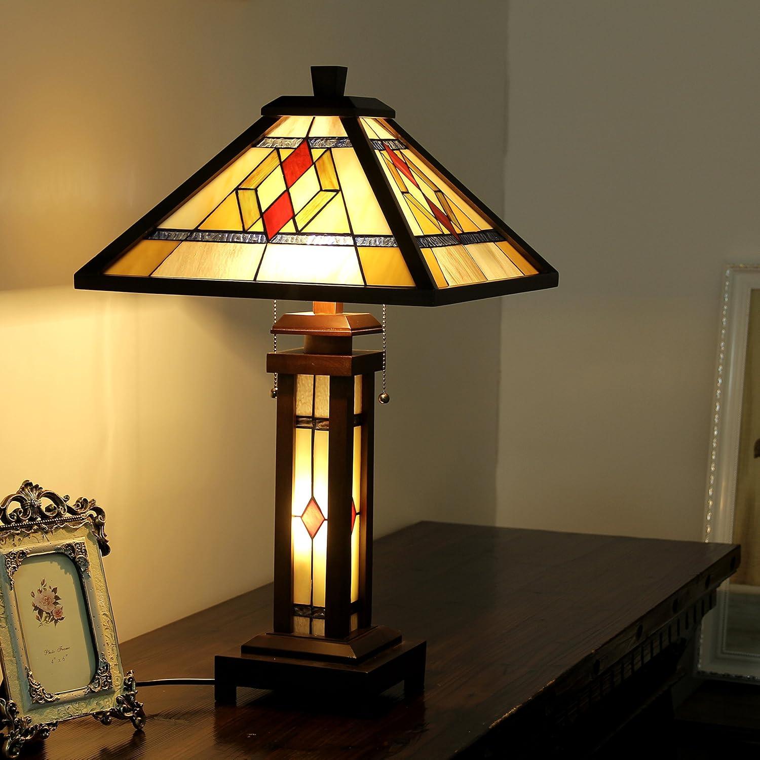 Chloe Lighting Gareth Tiffany-Style Mission 3 Light Double Lit Wooden Table Lamp 15" Shade