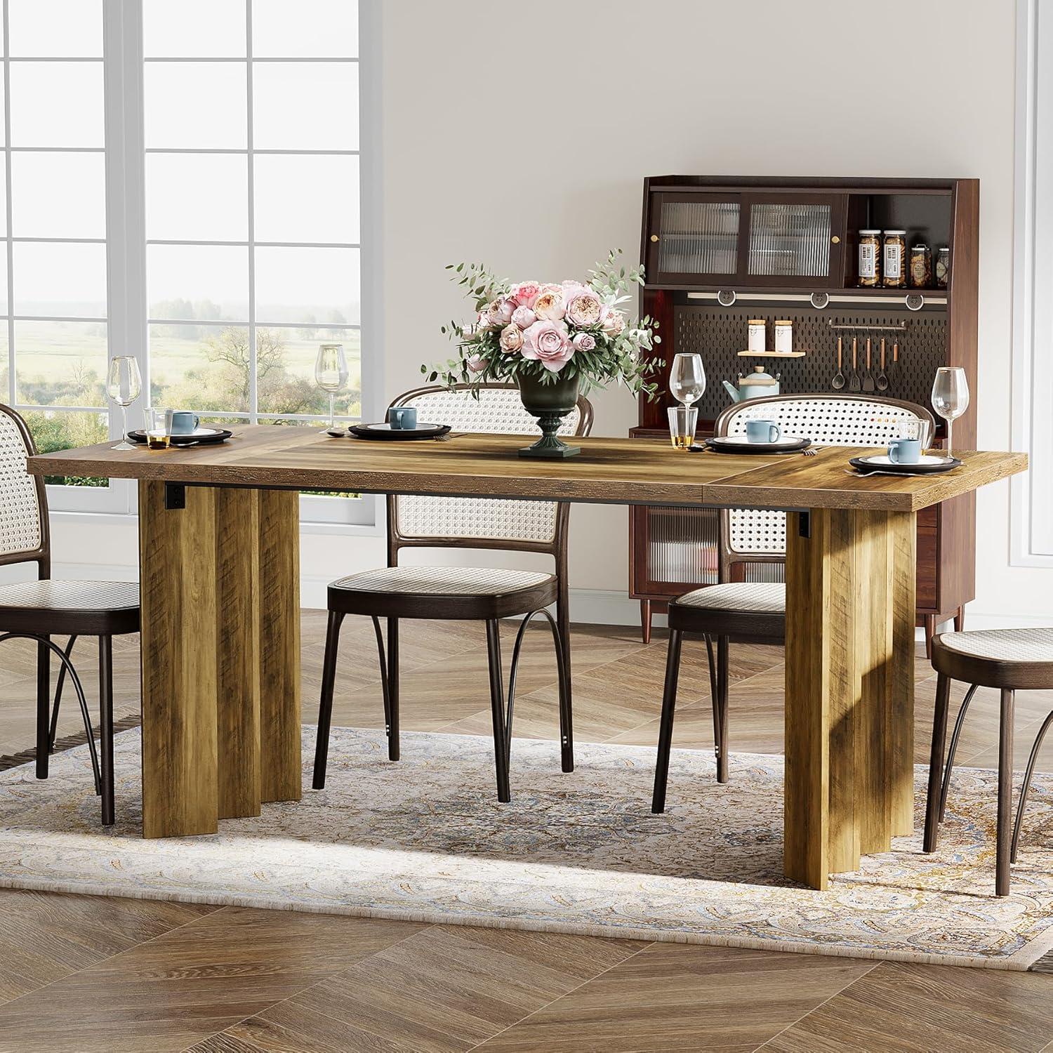 Rustic Brown Farmhouse Rectangular Wood Dining Table for Six