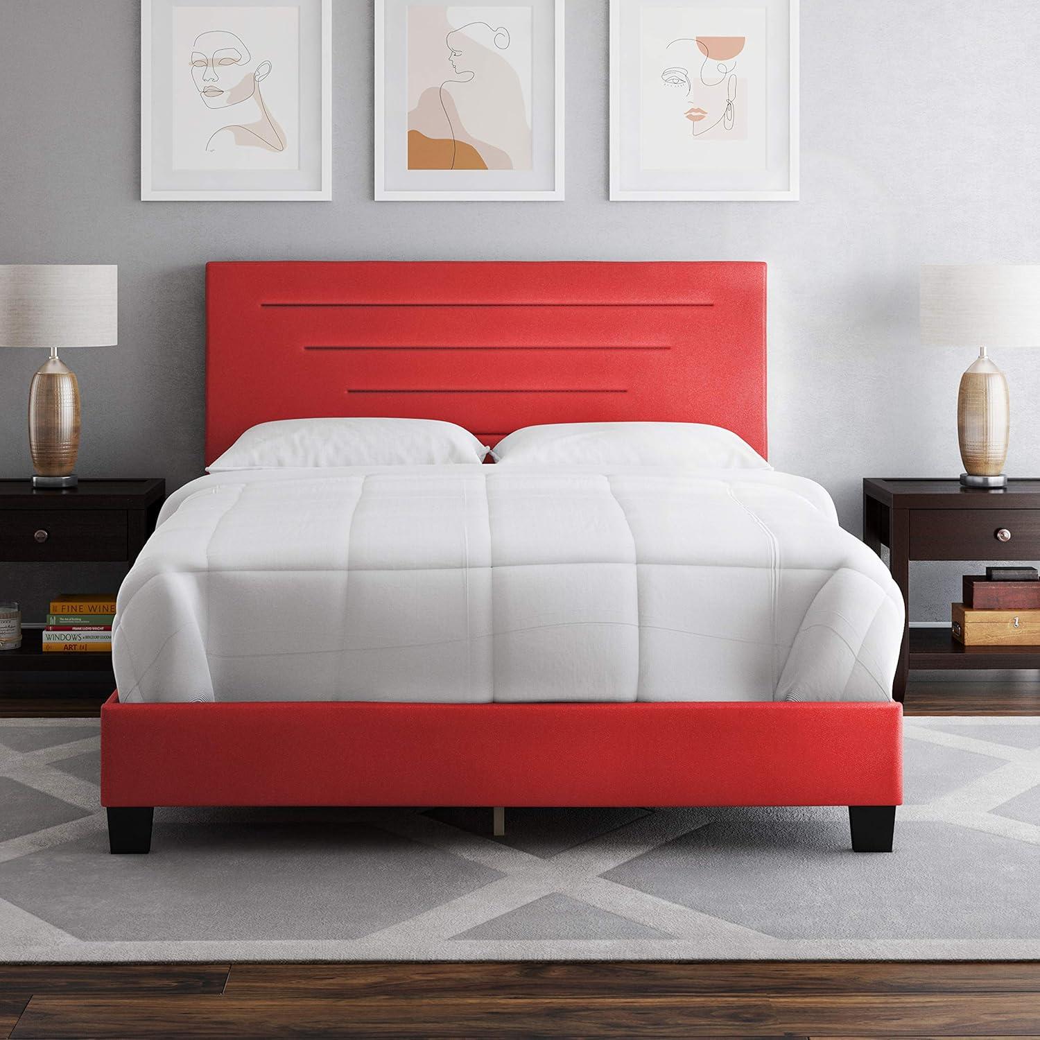 Luxembourg Red Faux Leather Queen Platform Bed with Upholstered Headboard