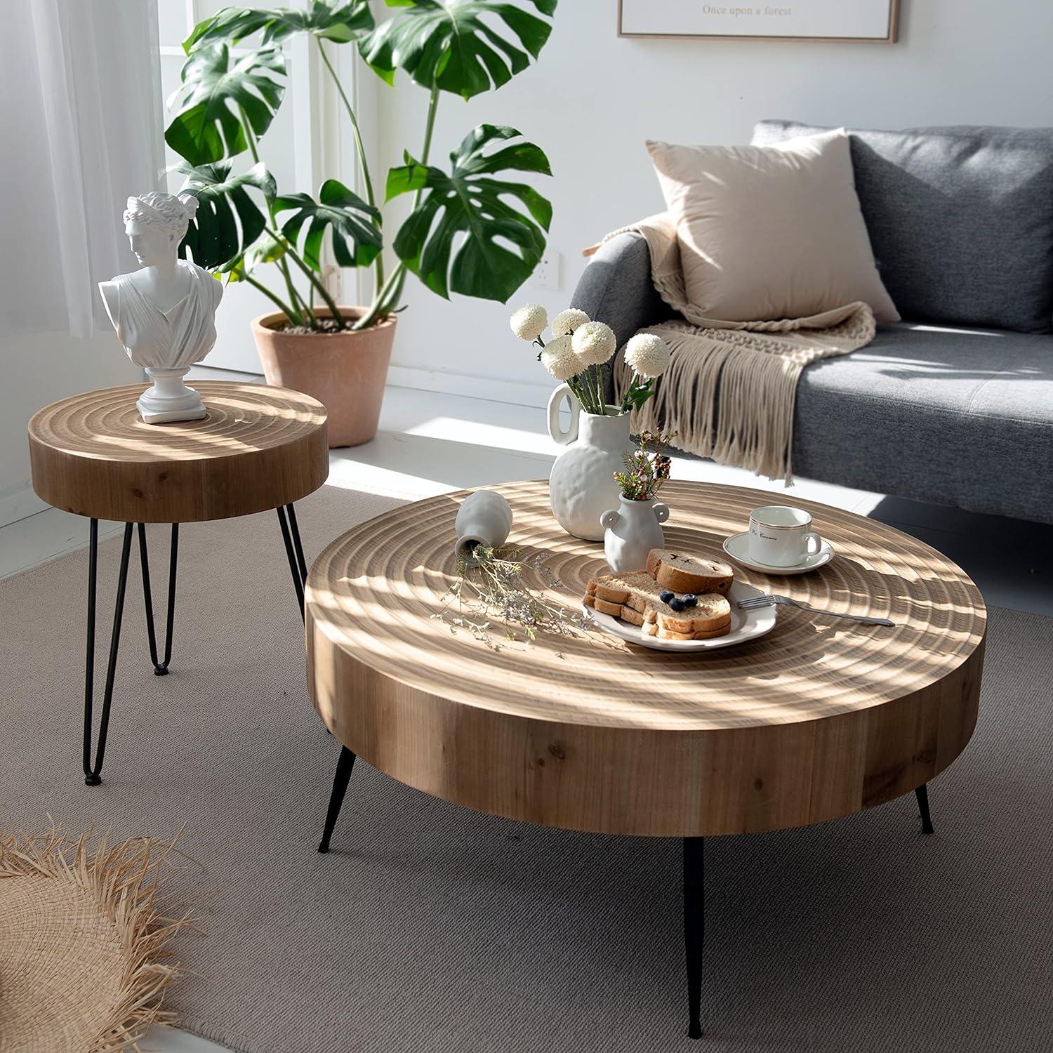 COZAYH 2-Piece Modern Farmhouse Living Room Coffee Table Set, Round Natural Finish with Handcrafted Wood Ring Motif