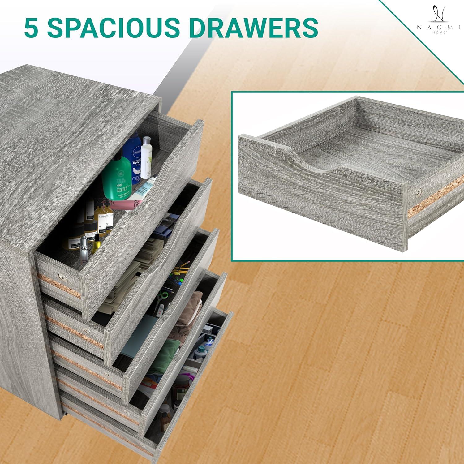 Grey Oak 5-Drawer Office Storage Cabinet with Casters
