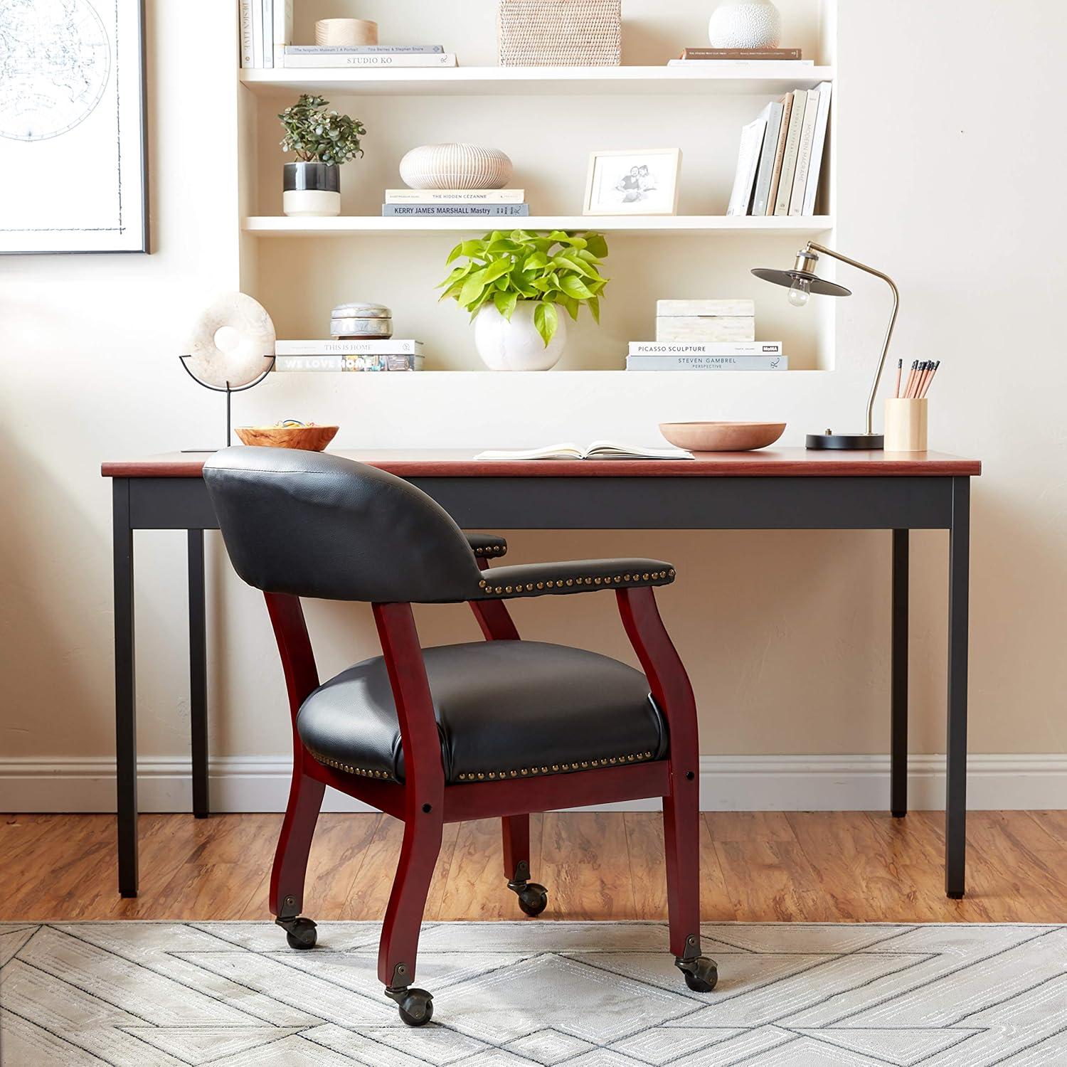 Captain's Chair with Casters Black - Boss Office Products: Mahogany Base, Vinyl Upholstery, Brass Castors
