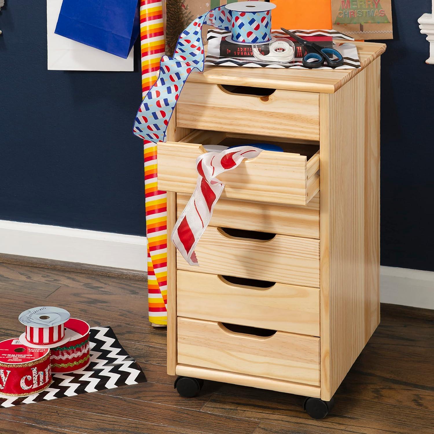 Natural Pine Six Drawer Rolling Storage Cart