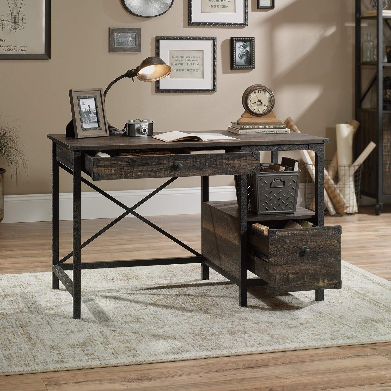 Rustic Carbon Oak Workstation with Powder-Coated Metal Frame