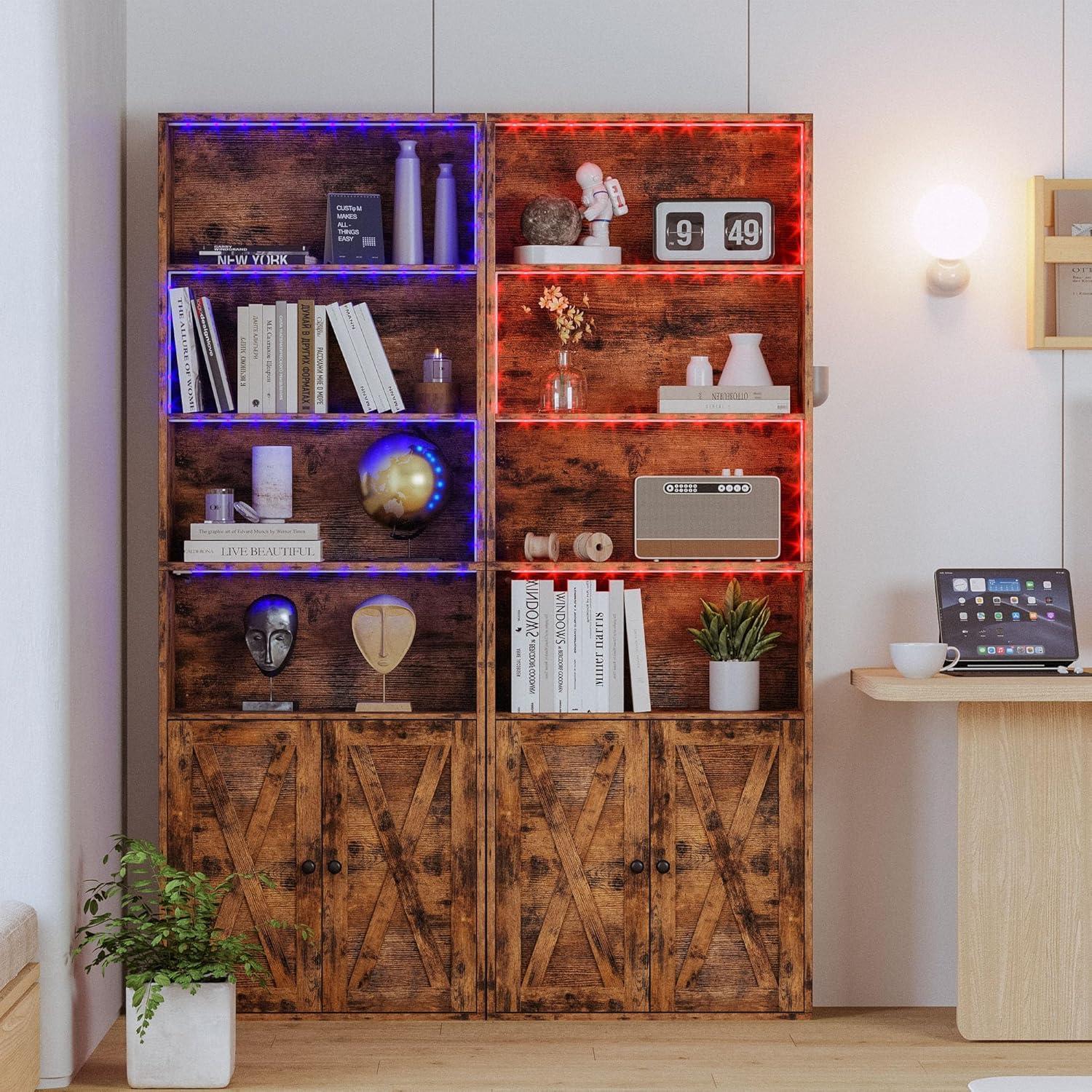 IRONCK Tall Bookcase with LED Lights, 70 in Industrial Bookshelf Display Shelf Floor Standing for Home Office, Living Room, Bed Room