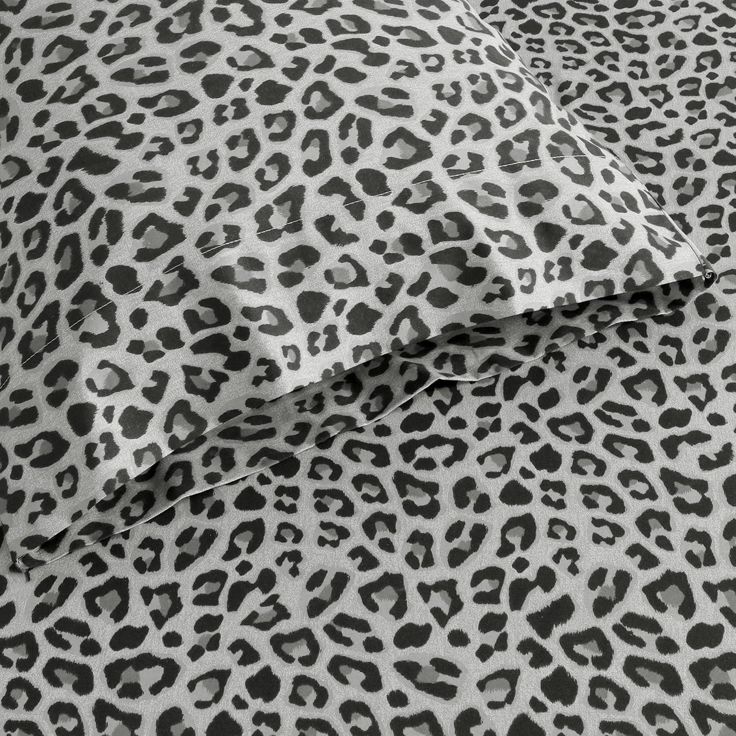 Sleepdown 100% Cotton Full Size Bed Sheets Set with Deep Pockets, Cozy Percale sheets with Elastic Fitted Sheet Set Ultra Soft Cooling Sheets - 4 Piece Bedding and Pillowcase set, Leopard Grey