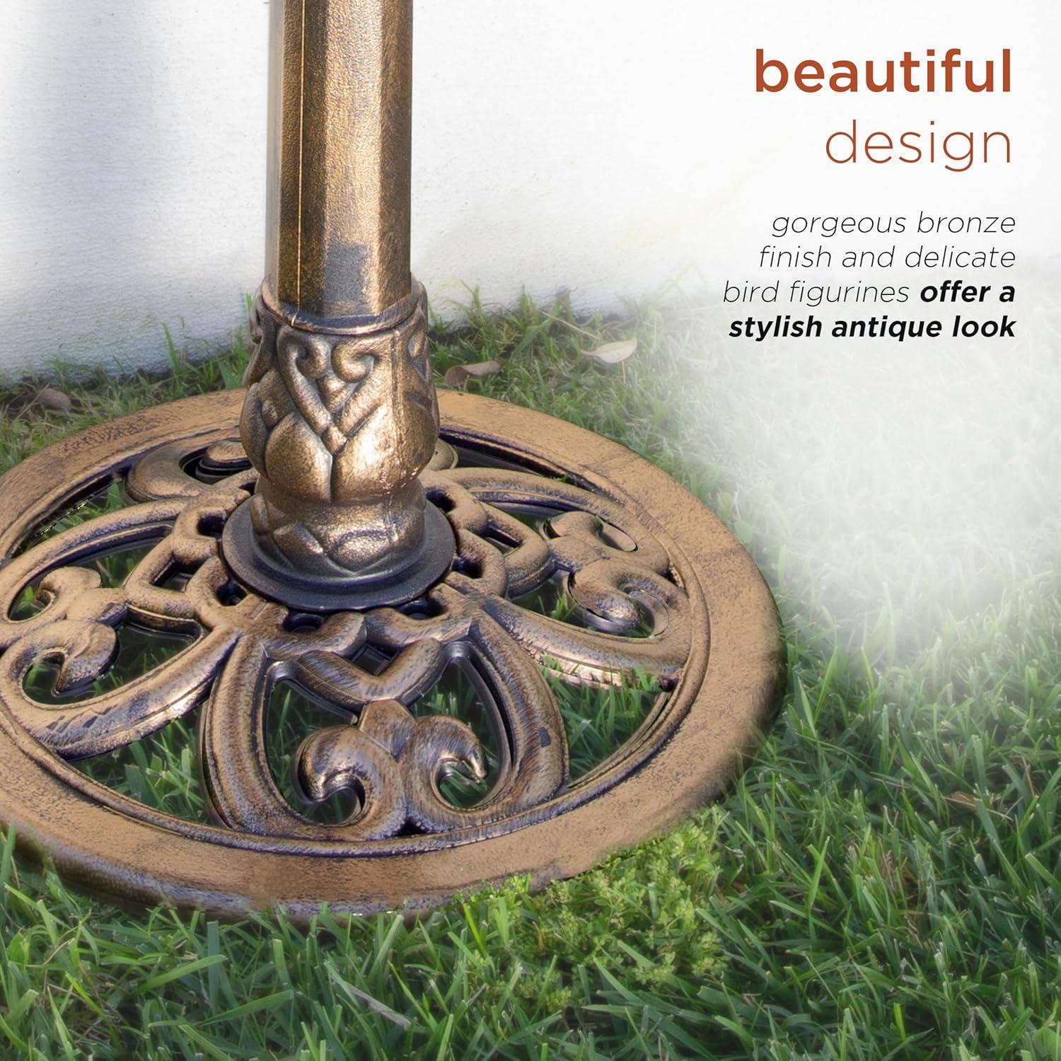 Bronze Outdoor Pedestal Birdbath with Planter and Solar LED