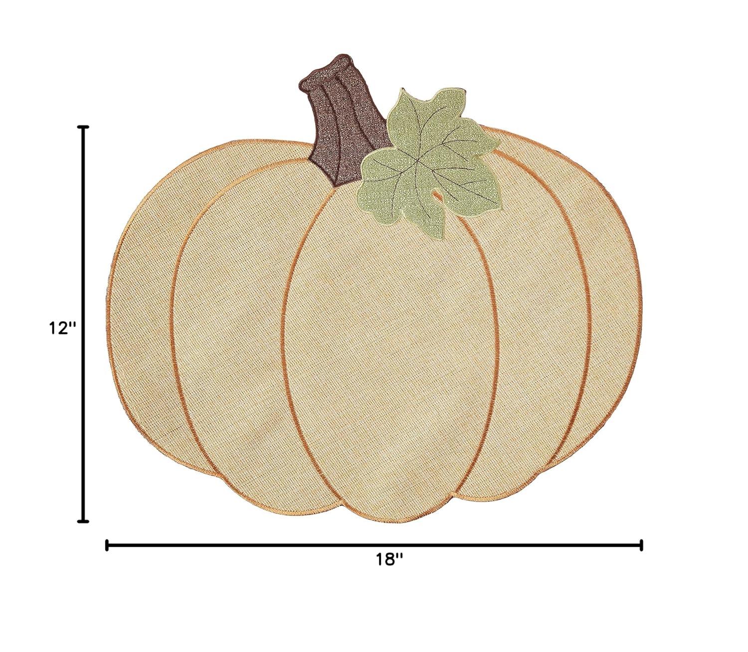 Violet Linen Thanksgiving Harvest Fall Pumpkin Pattern, Polyester Applique Embroidered Burlap, Gold, 12 Inch x 18 Inch, Oval, Set of 4, Decorative Place Mats